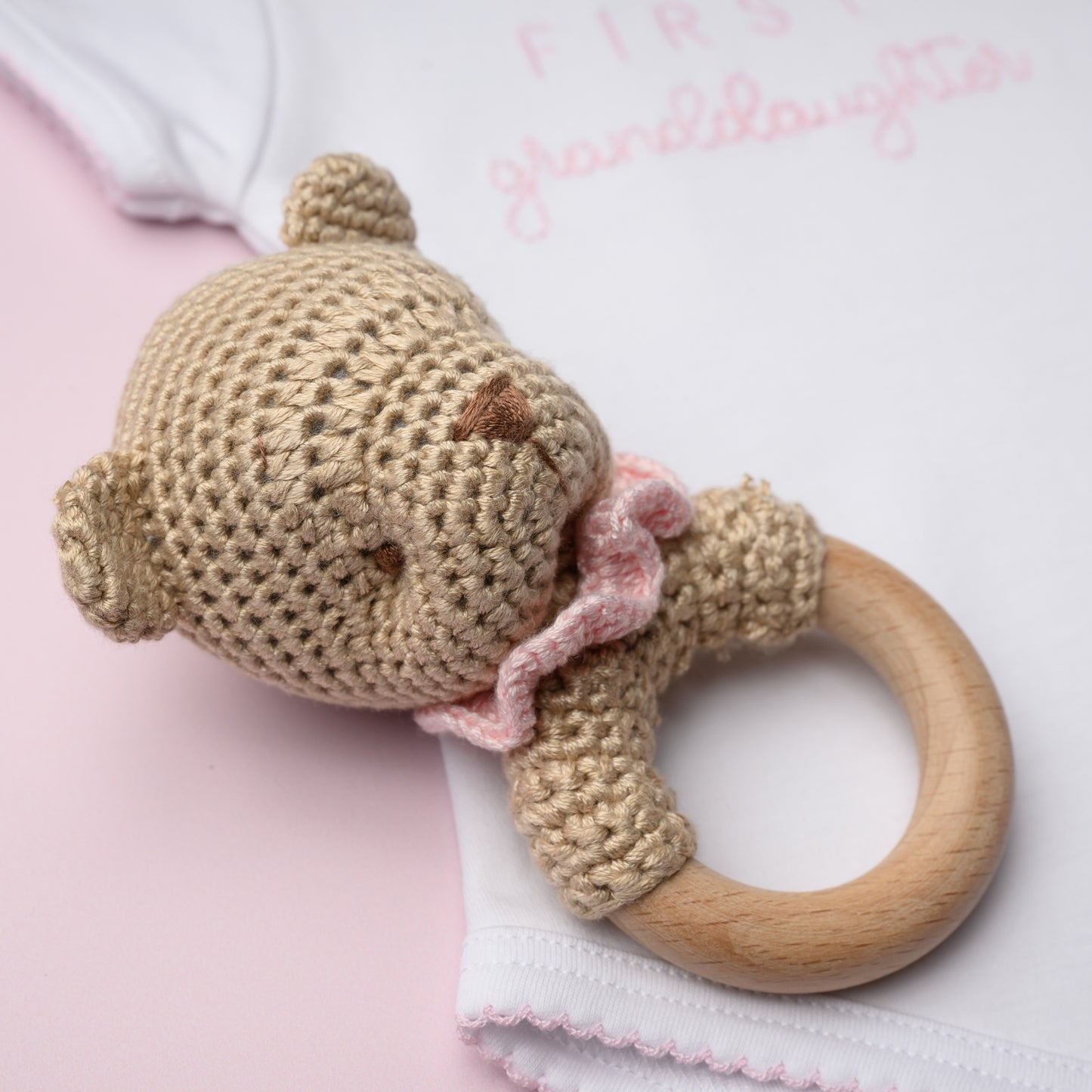Bear Bamboo Crochet Woodring Rattle - Pink