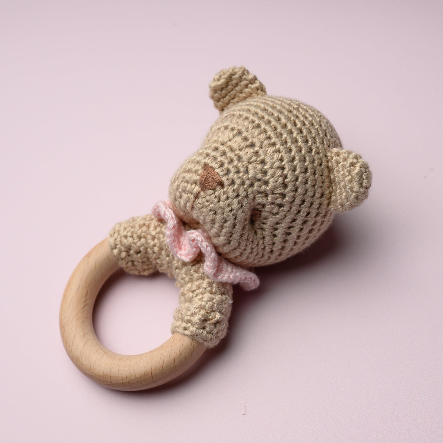 Bear Bamboo Crochet Woodring Rattle - Pink