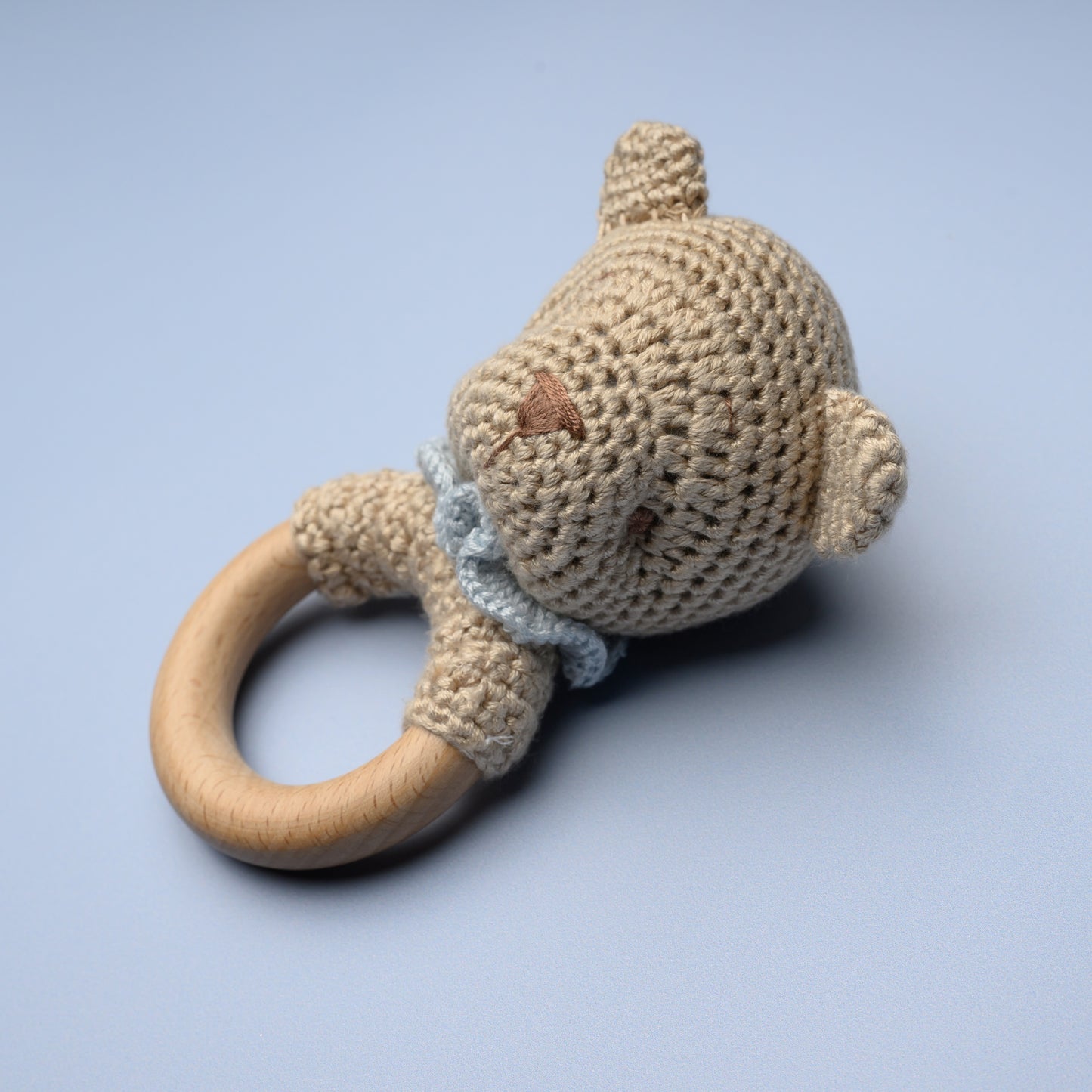 Bear Bamboo Crochet Woodring Rattle - Blue