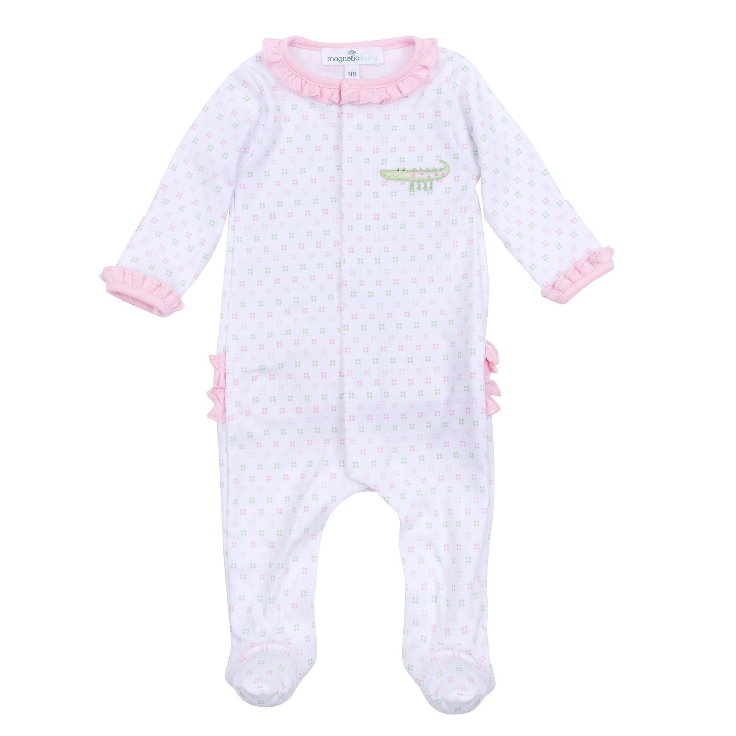 Alligator Pie Embroidered Ruffle Footie - Pink - Magnolia BabyFootie