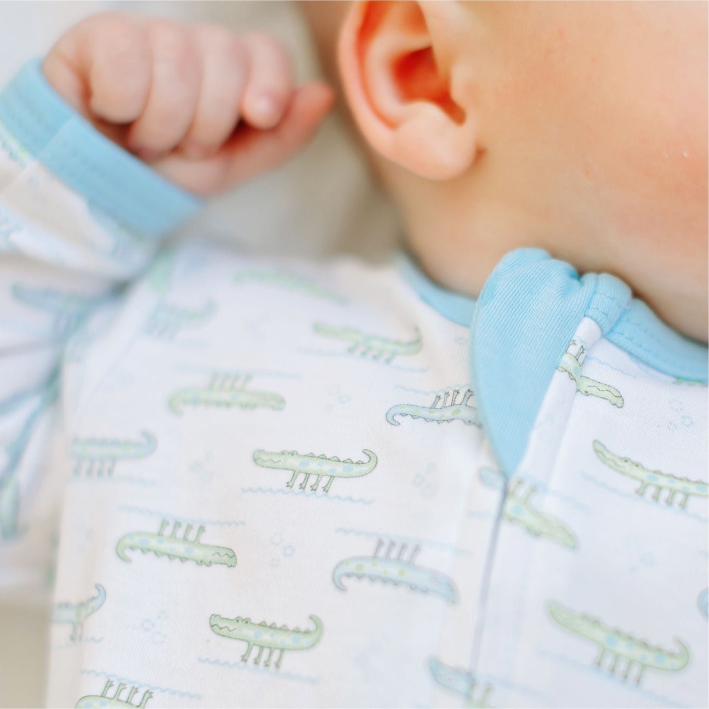 Alligator Pie Print Zip Footie - Light Blue - Magnolia BabyFootie