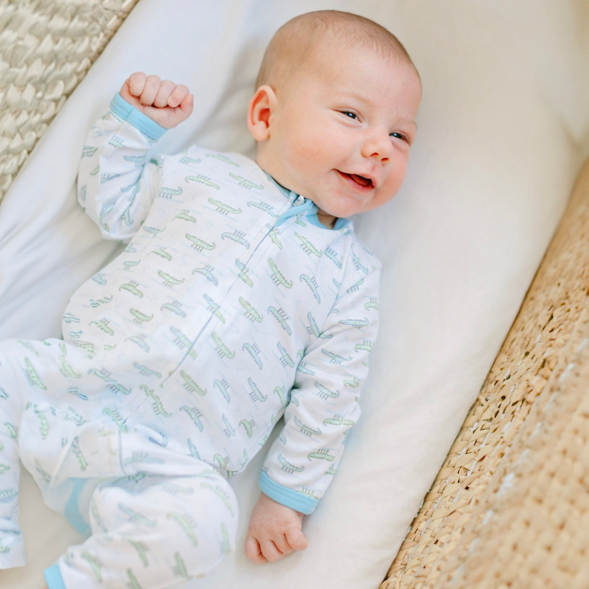 Alligator Pie Print Zip Footie - Light Blue - Magnolia BabyFootie
