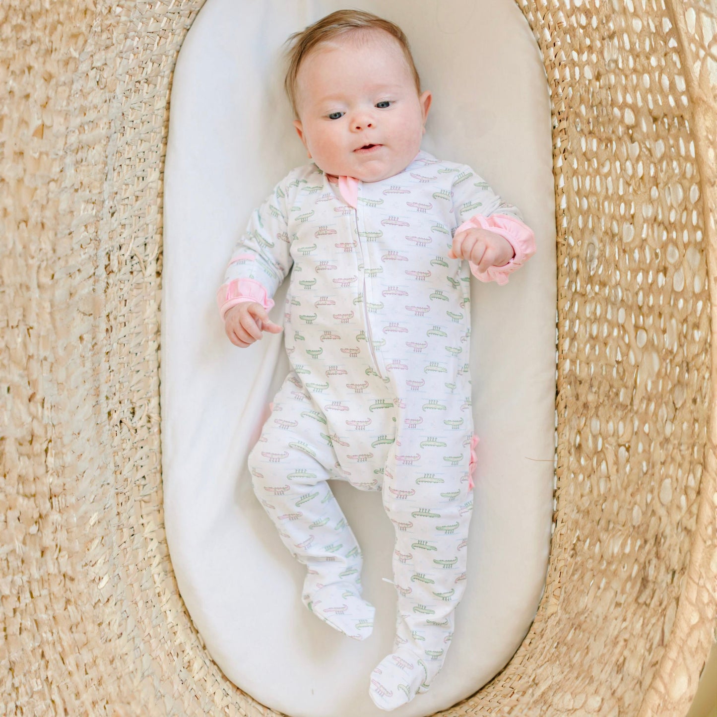 Alligator Pie Print Zip Footie - Pink - Magnolia BabyFootie
