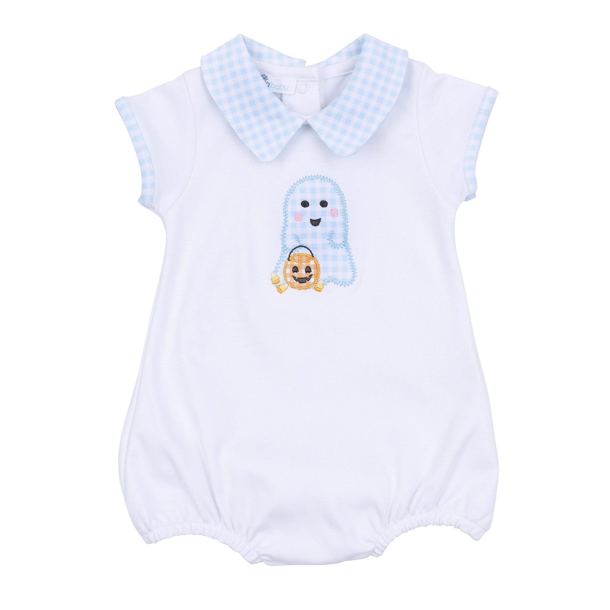 Boo Crew! Applique Collared Short Sleeve Bubble - Light Blue - Magnolia BabyBubble