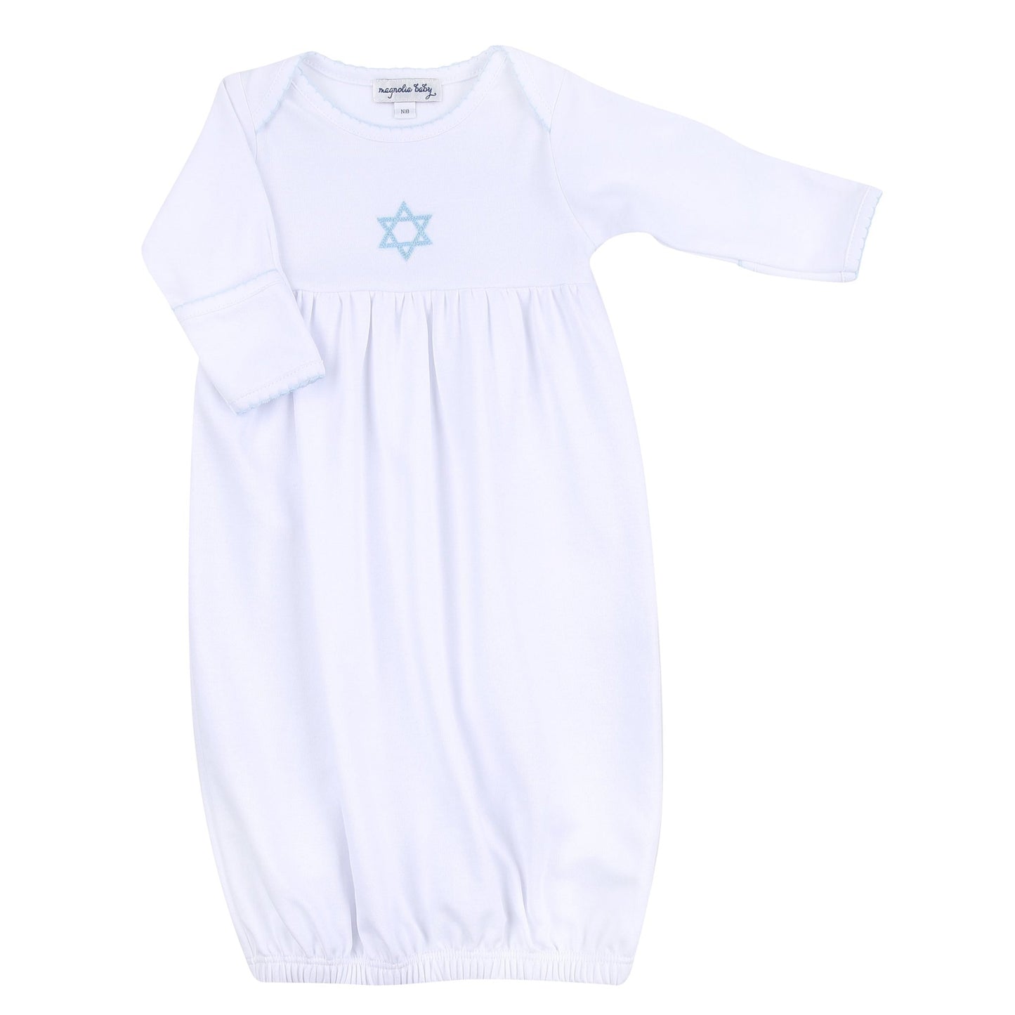 Brit Milah White Blue Embroidered Gathered Gown - Magnolia BabyGown