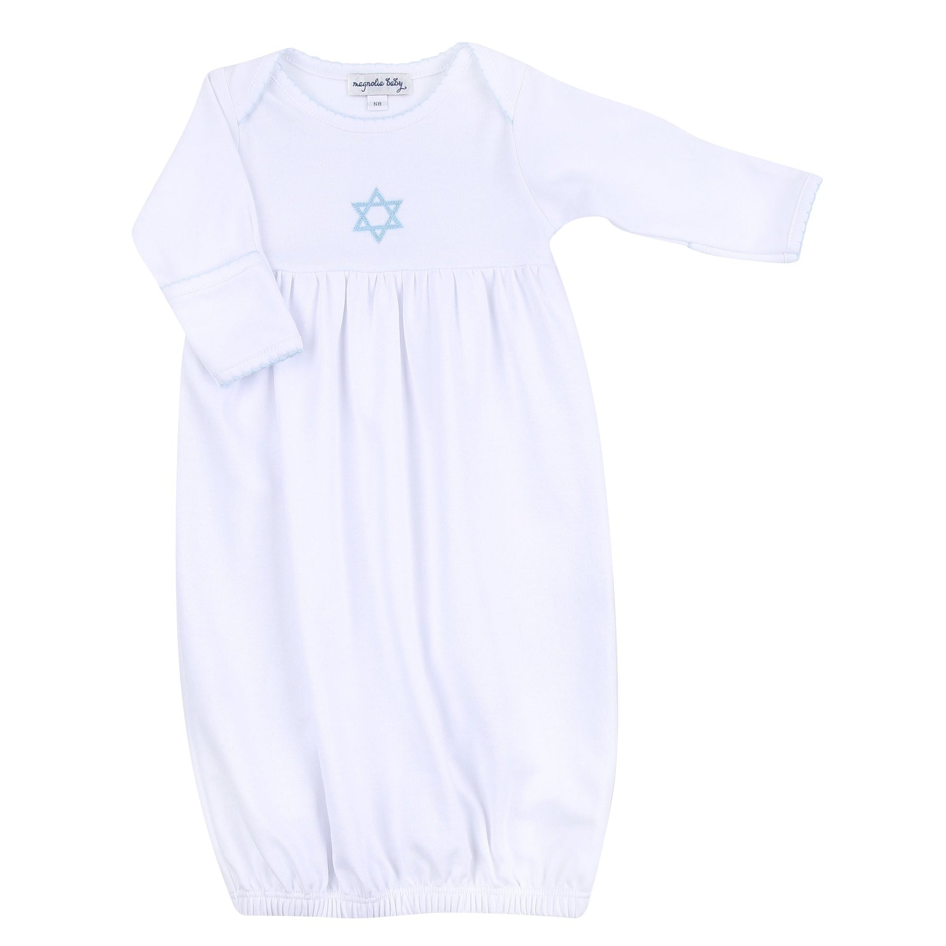Brit Milah White Blue Embroidered Gathered Gown - Magnolia BabyGown