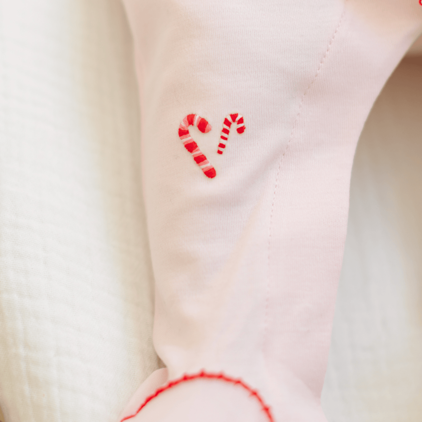 Candy Cane Lane Embroidered Ruffle Footie - Magnolia BabyFootie