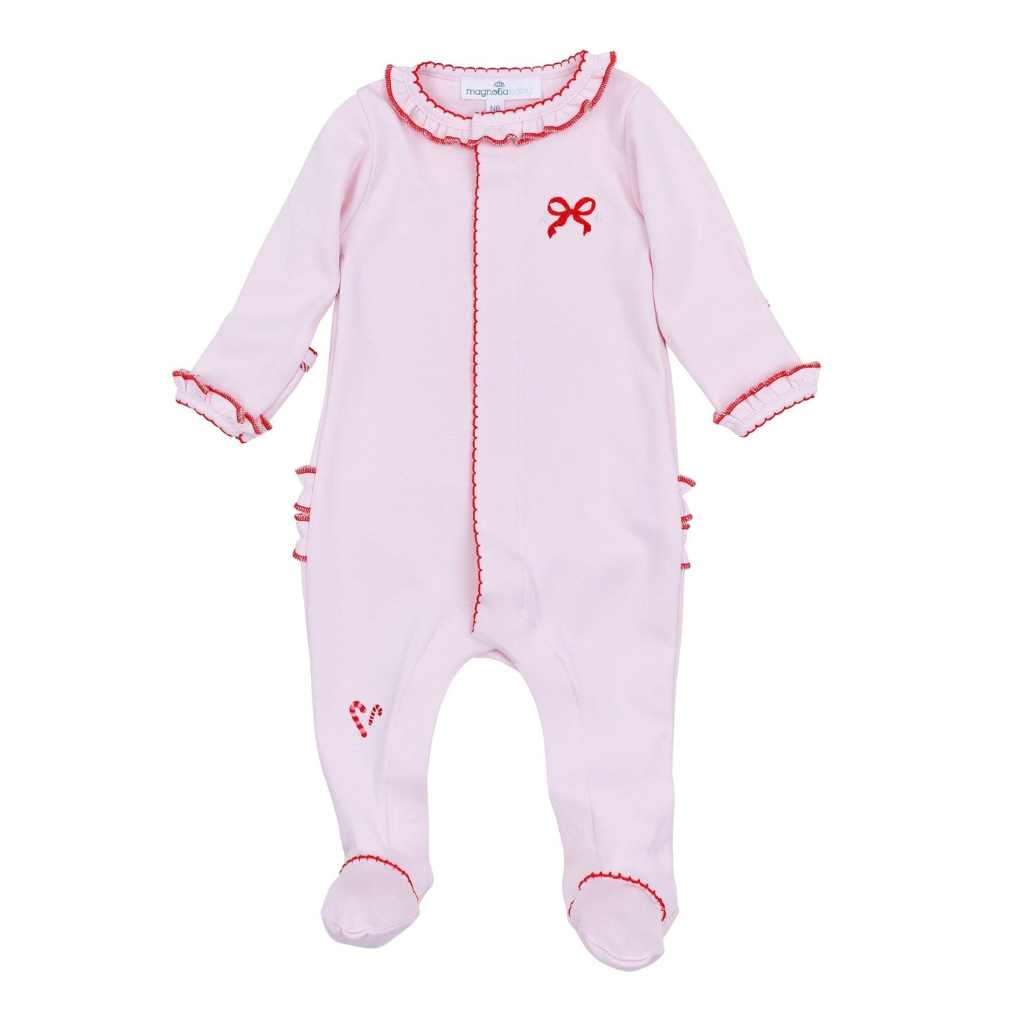 Candy Cane Lane Embroidered Ruffle Footie - Magnolia BabyFootie