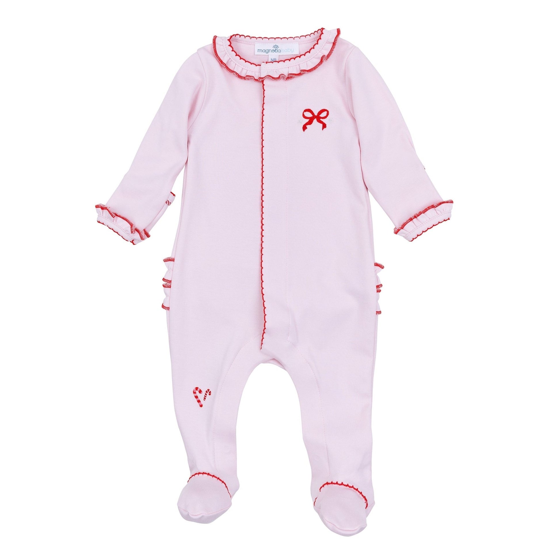Candy Cane Lane Embroidered Ruffle Footie - Magnolia BabyFootie