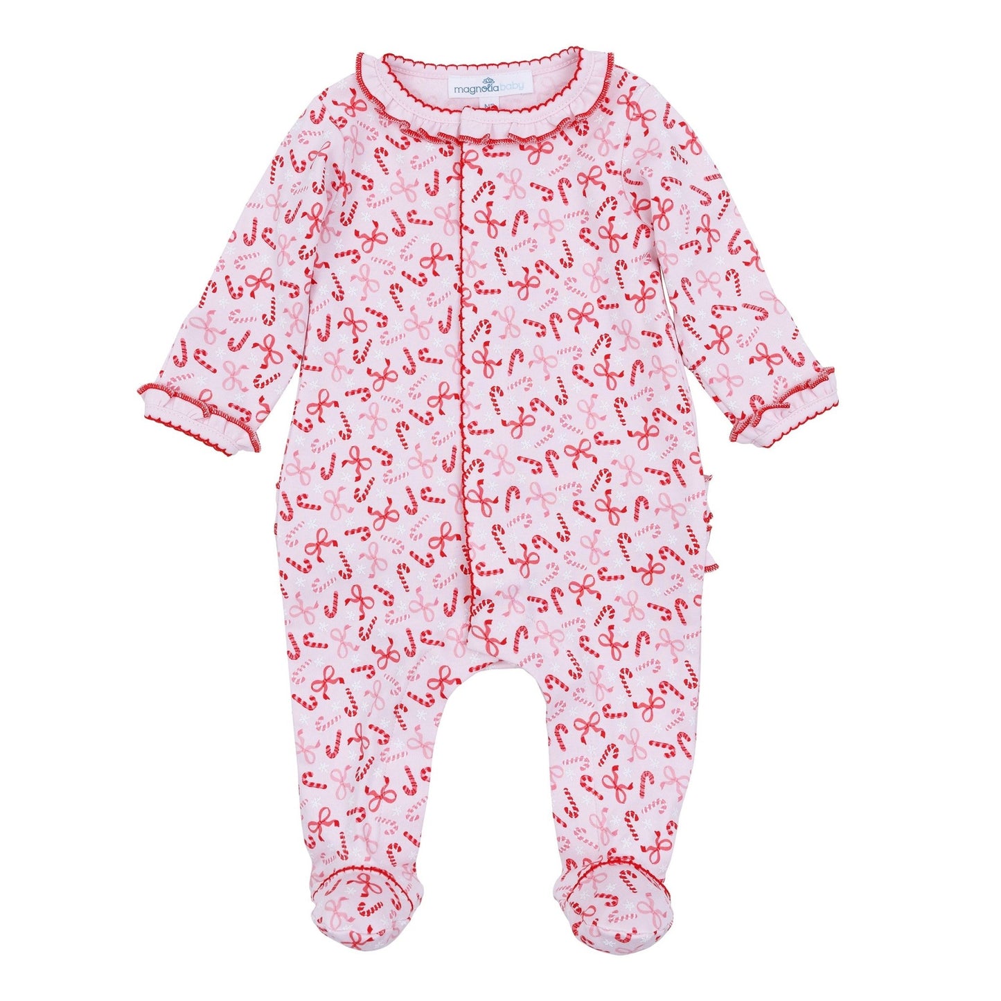 Candy Cane Lane Print Ruffle Footie - Magnolia BabyFootie