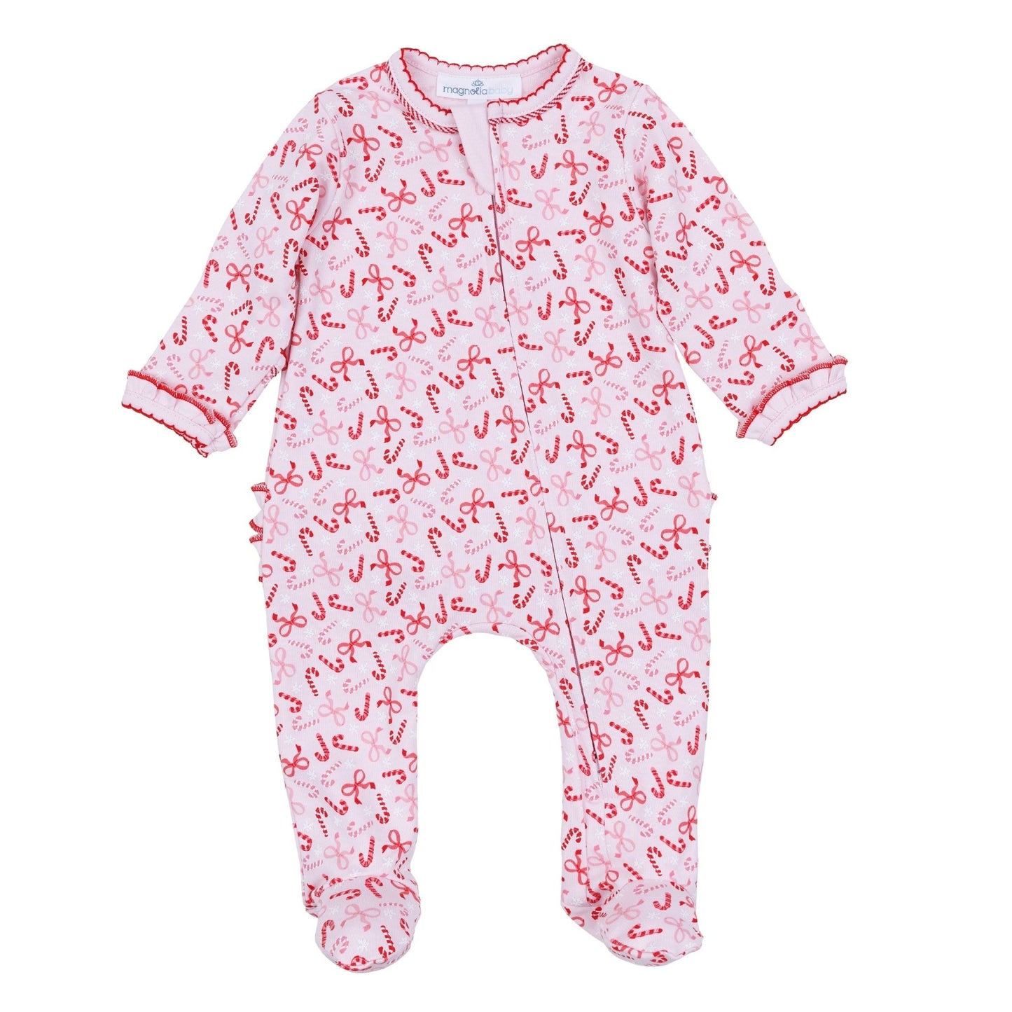 Candy Cane Lane Print Ruffle Zip Footie - Magnolia BabyFootie