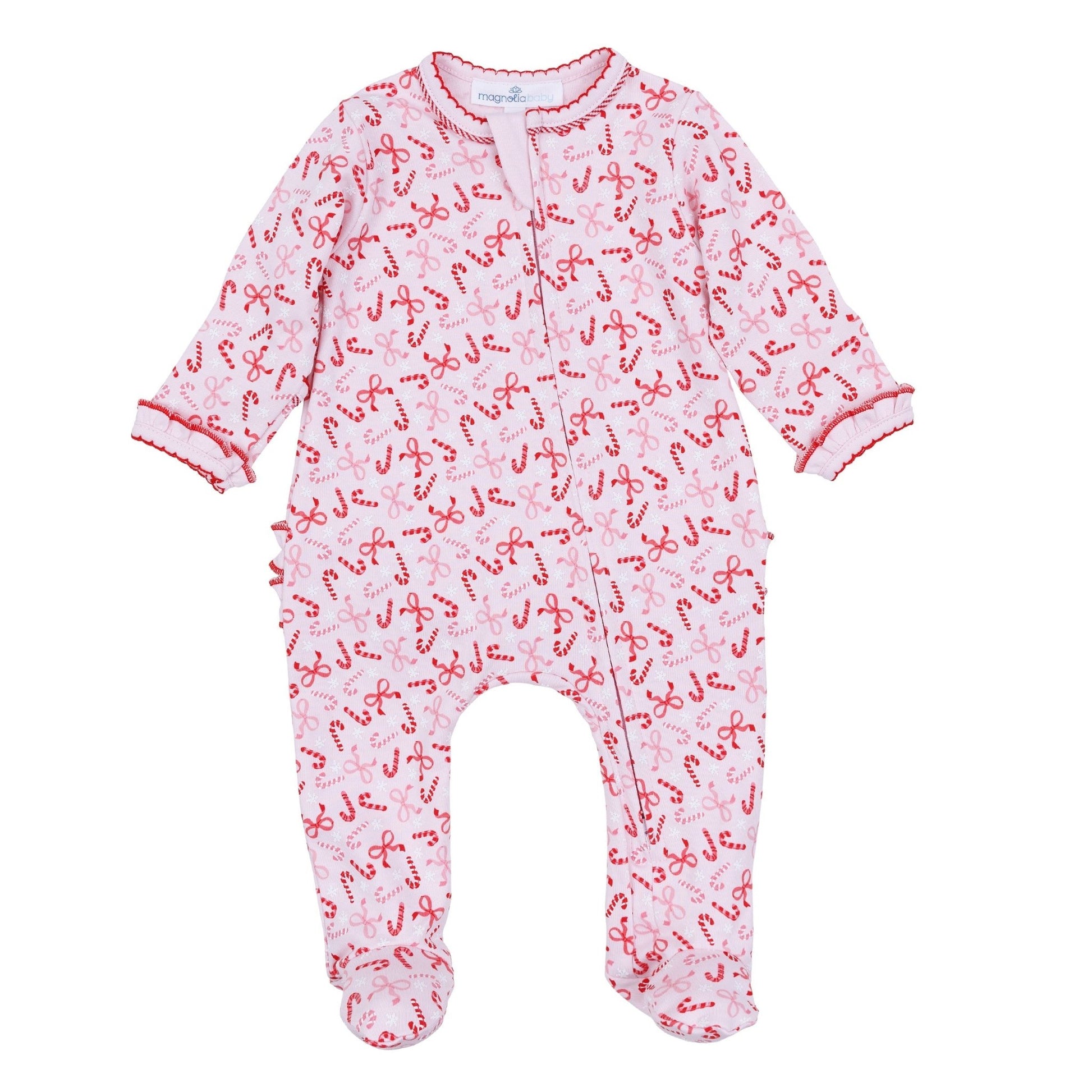 Candy Cane Lane Print Ruffle Zip Footie - Magnolia BabyFootie