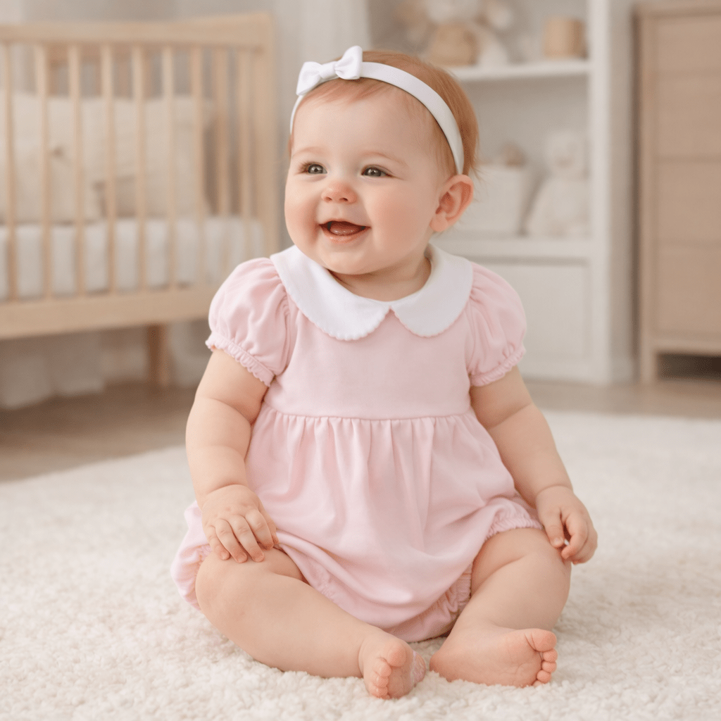 Baby Girl Pink Collared Ruffle Bubble - Soft Pima Cotton
