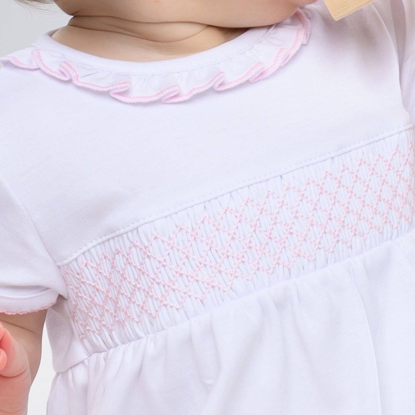 Essentials Solid Smocked Bubble - White Pink - Magnolia BabyBubble