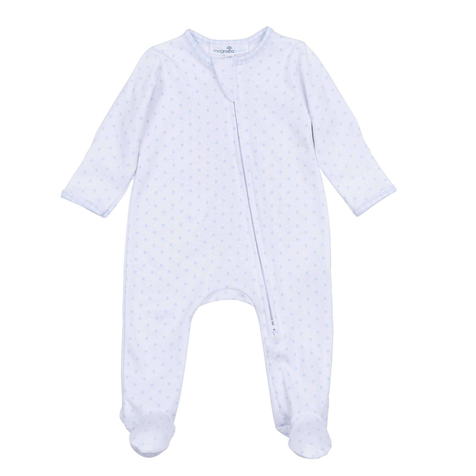 Gingham Dots Zip Footie in Light Blue - Magnolia BabyFootie