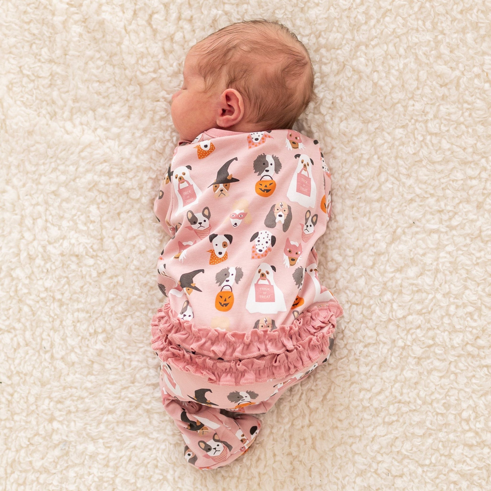 Halloween Hounds Ruffle Zip Footie - Dusty Rose - Magnolia BabyFootie