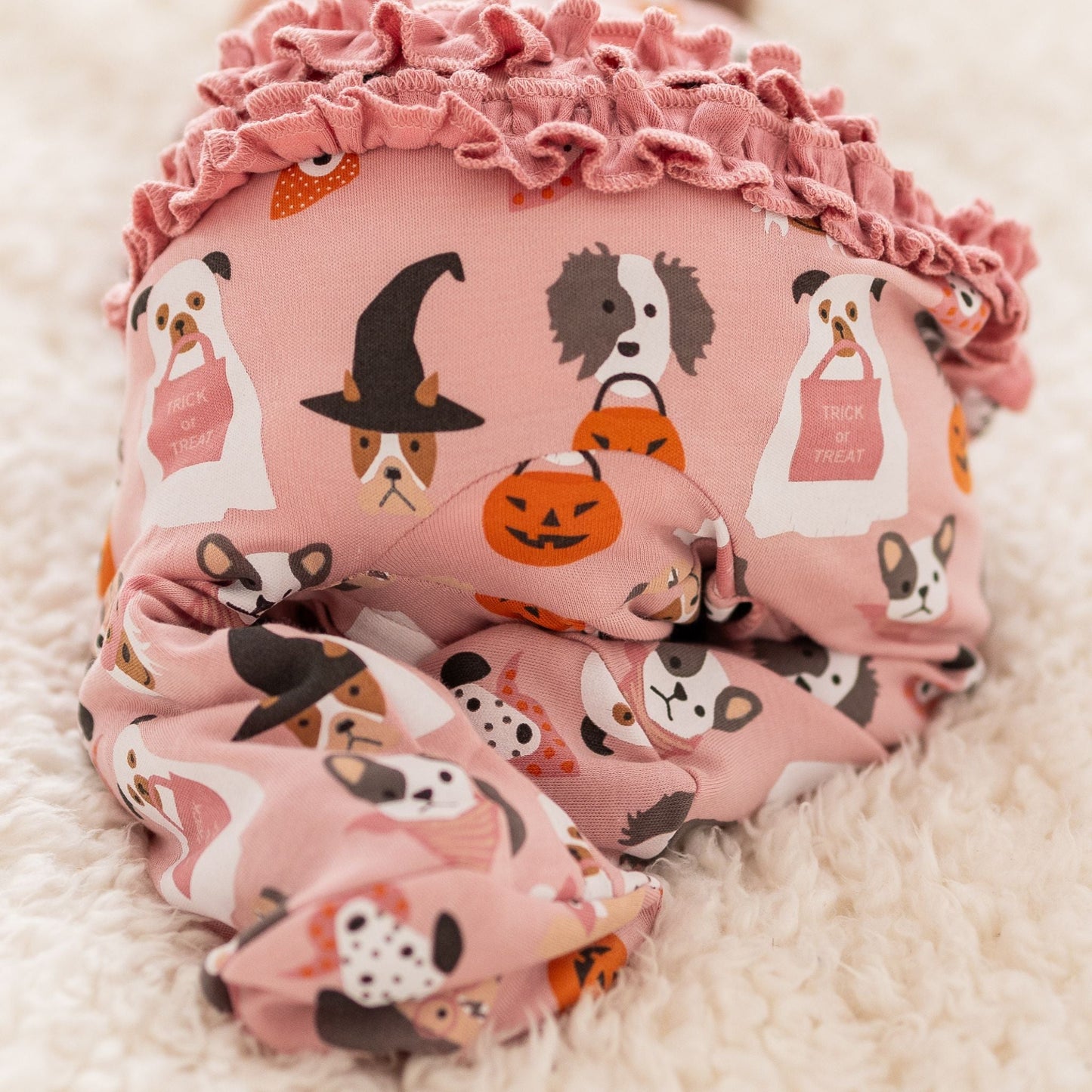 Halloween Hounds Ruffle Zip Footie - Dusty Rose - Magnolia BabyFootie