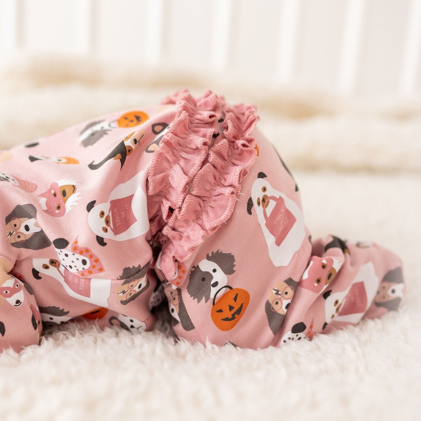 Halloween Hounds Ruffle Zip Footie - Dusty Rose - Magnolia BabyFootie
