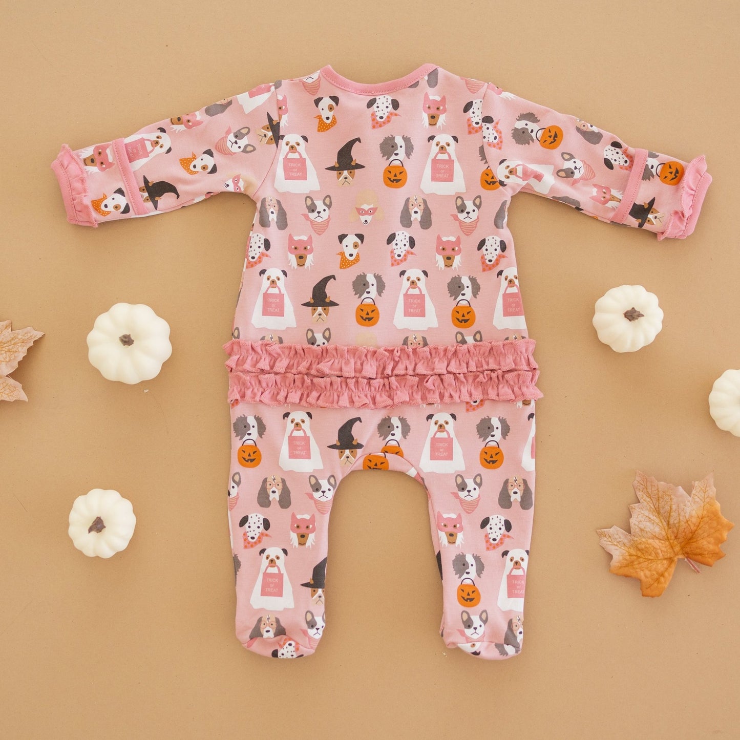 Halloween Hounds Ruffle Zip Footie - Dusty Rose - Magnolia BabyFootie