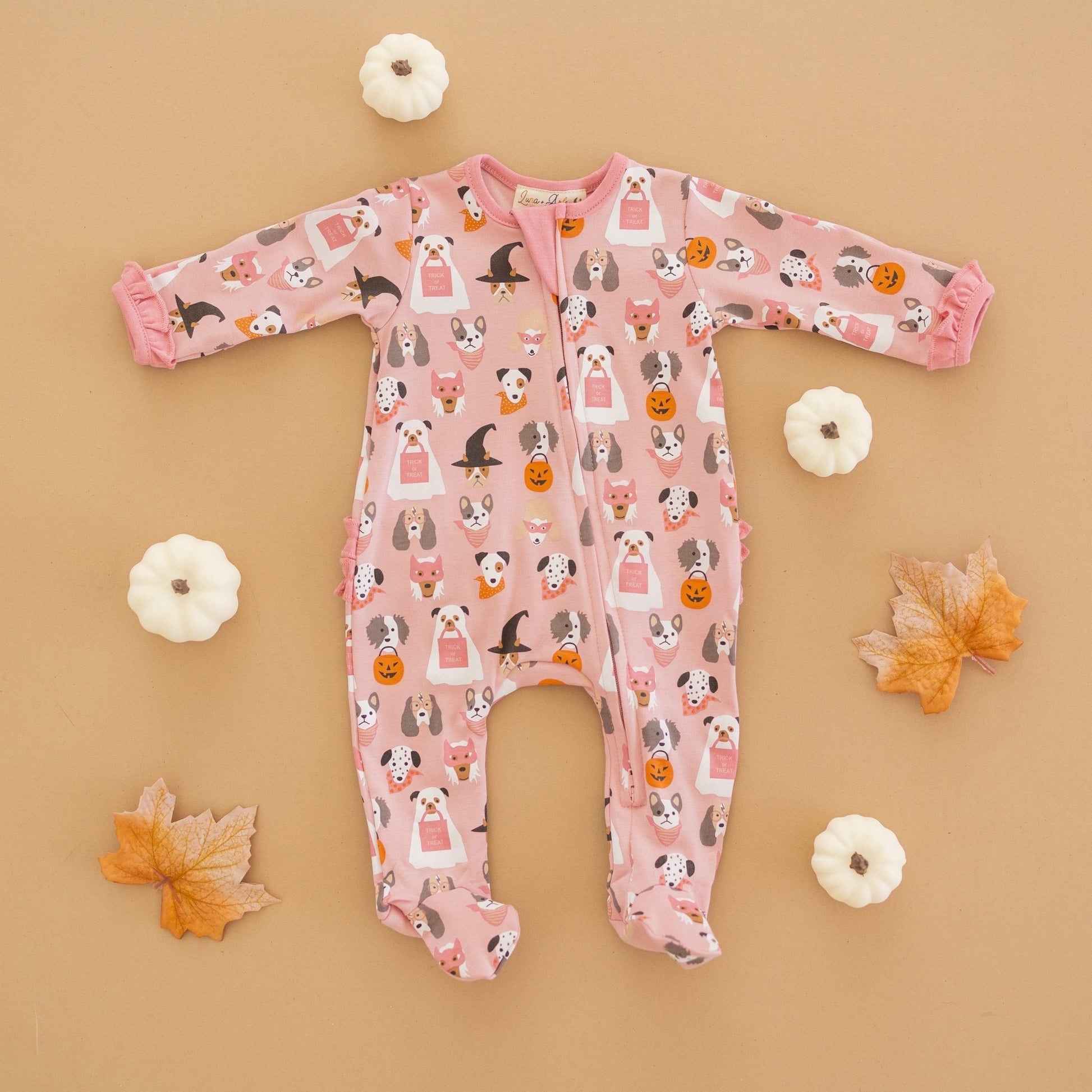 Halloween Hounds Ruffle Zip Footie - Dusty Rose - Magnolia BabyFootie