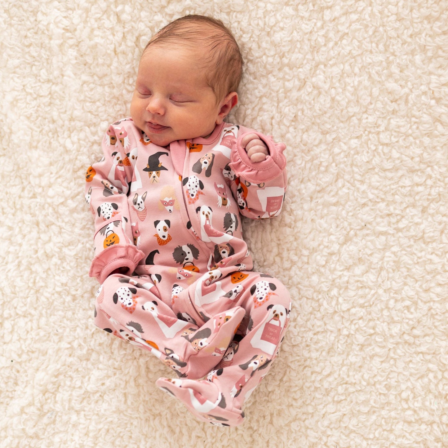 Halloween Hounds Ruffle Zip Footie - Dusty Rose - Magnolia BabyFootie