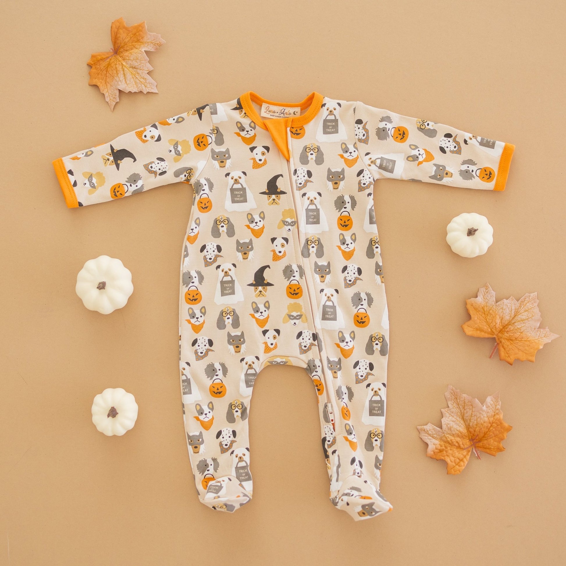 Halloween Hounds Zip Footie - Driftwood - Magnolia BabyFootie