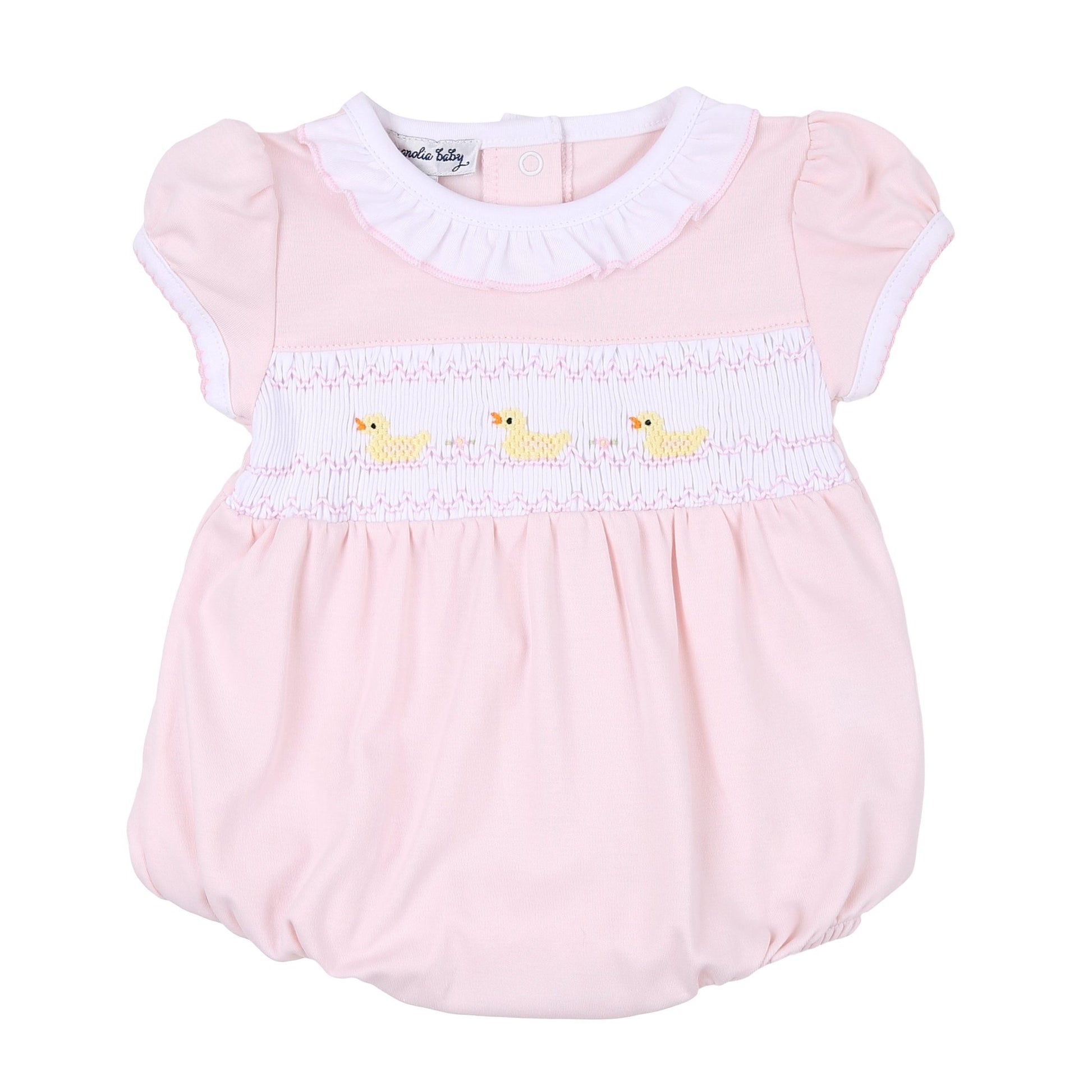 Just Ducky Classics Pink Smocked Short Sleeve Girl Bubble - Magnolia BabyBubble