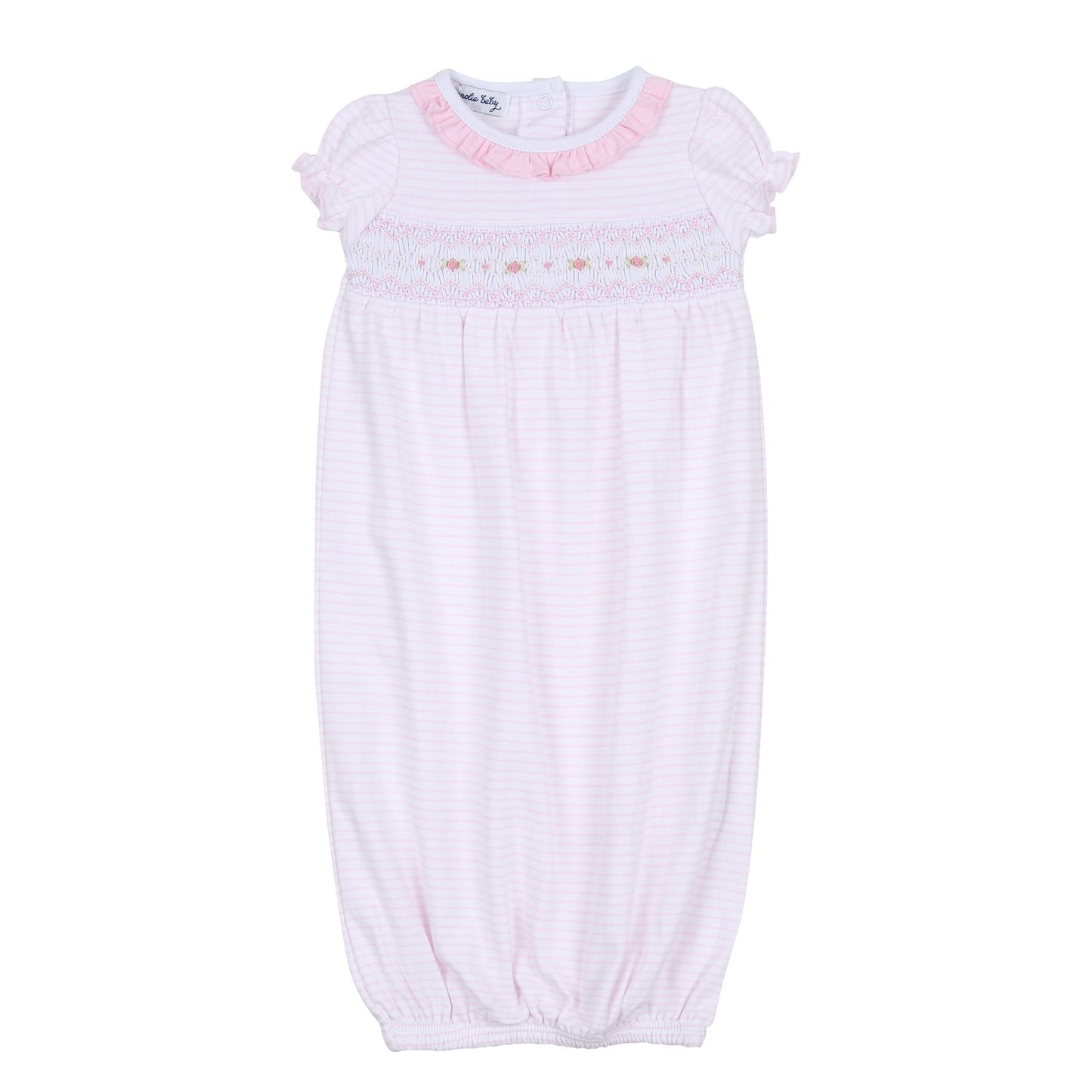 Katie & Kyle Pink Smocked Ruffle Short Sleeve Gathered Gown - Magnolia BabyGown