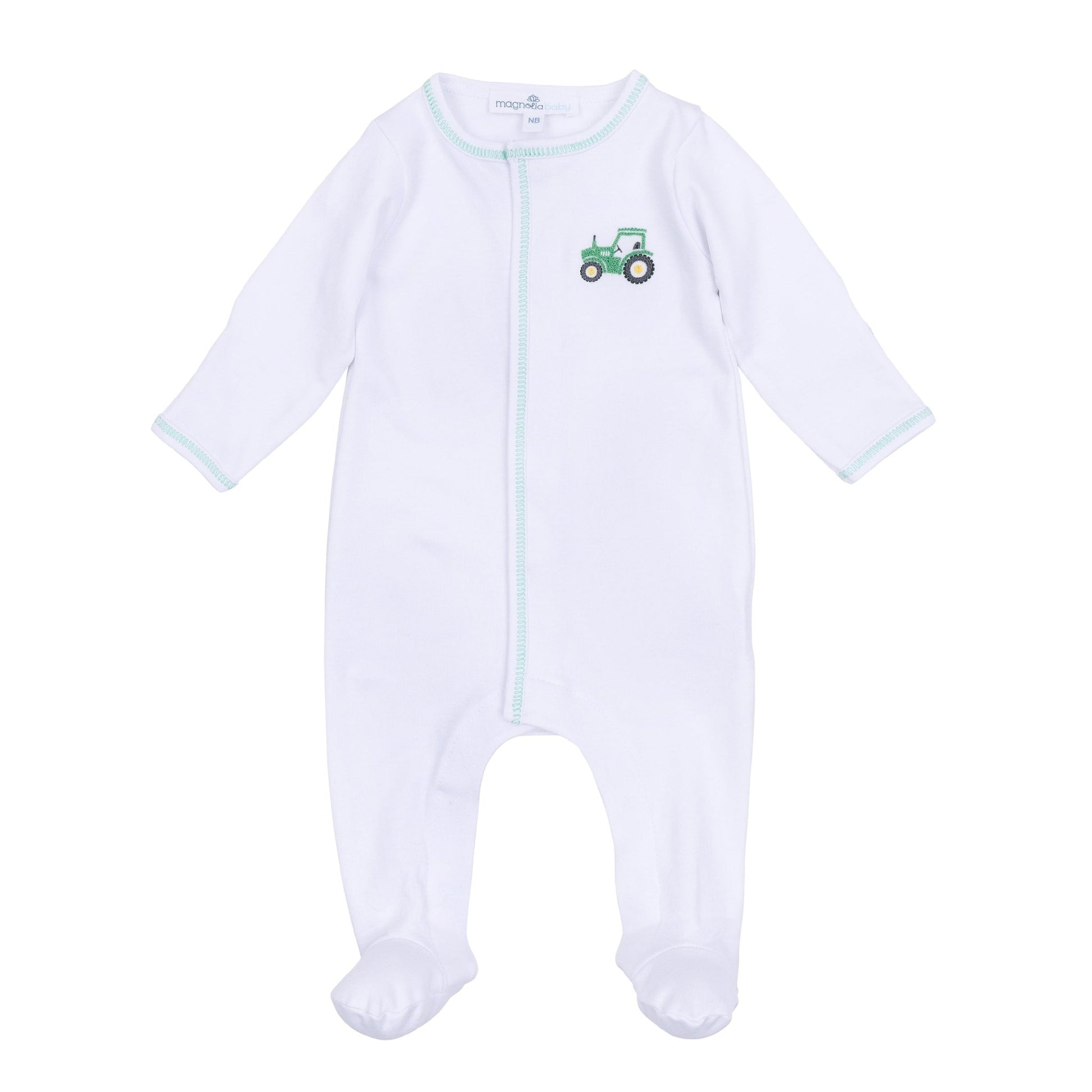 Lil' Green Tractor Embroidered Footie - Magnolia BabyFootie