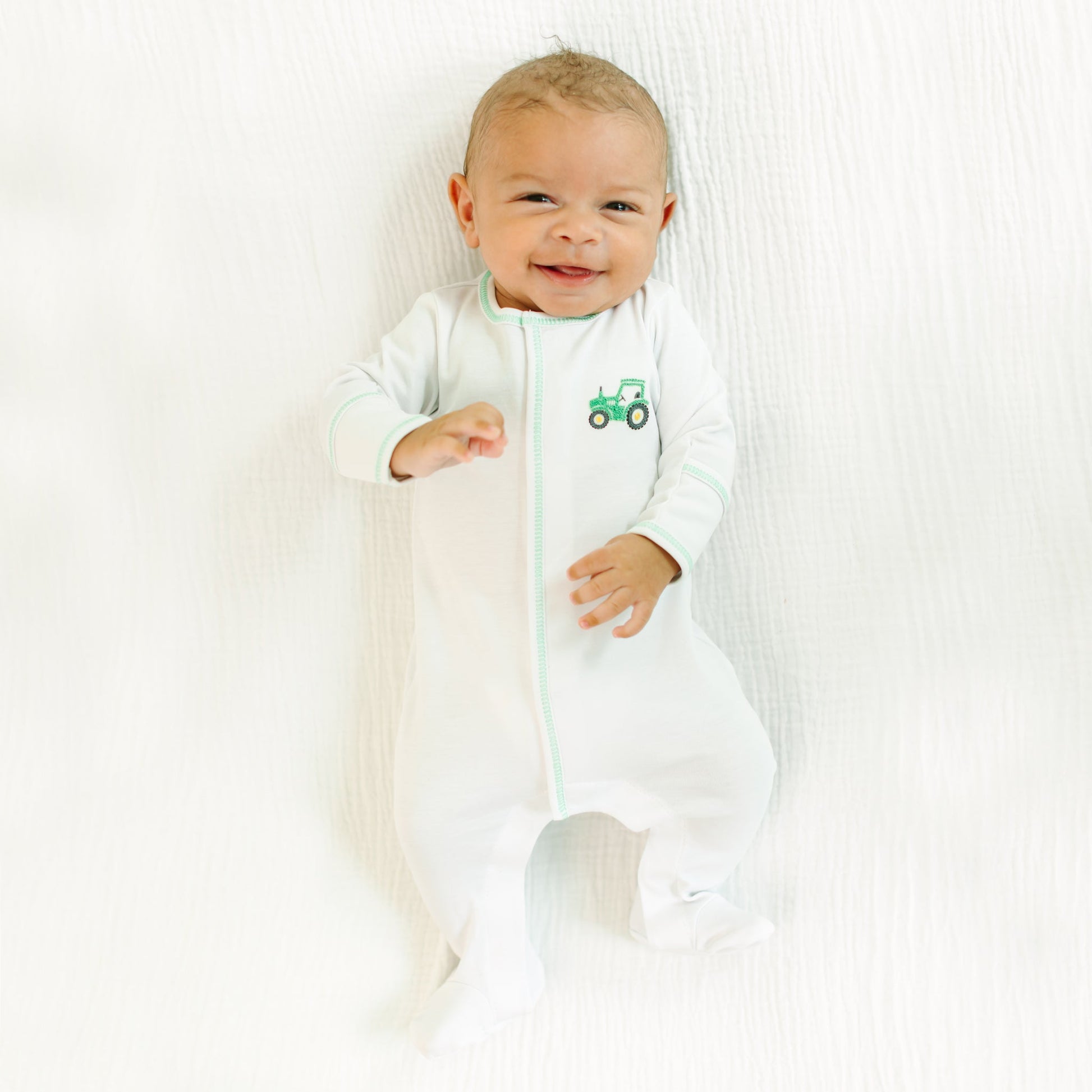 Lil' Green Tractor Embroidered Footie - Magnolia BabyFootie