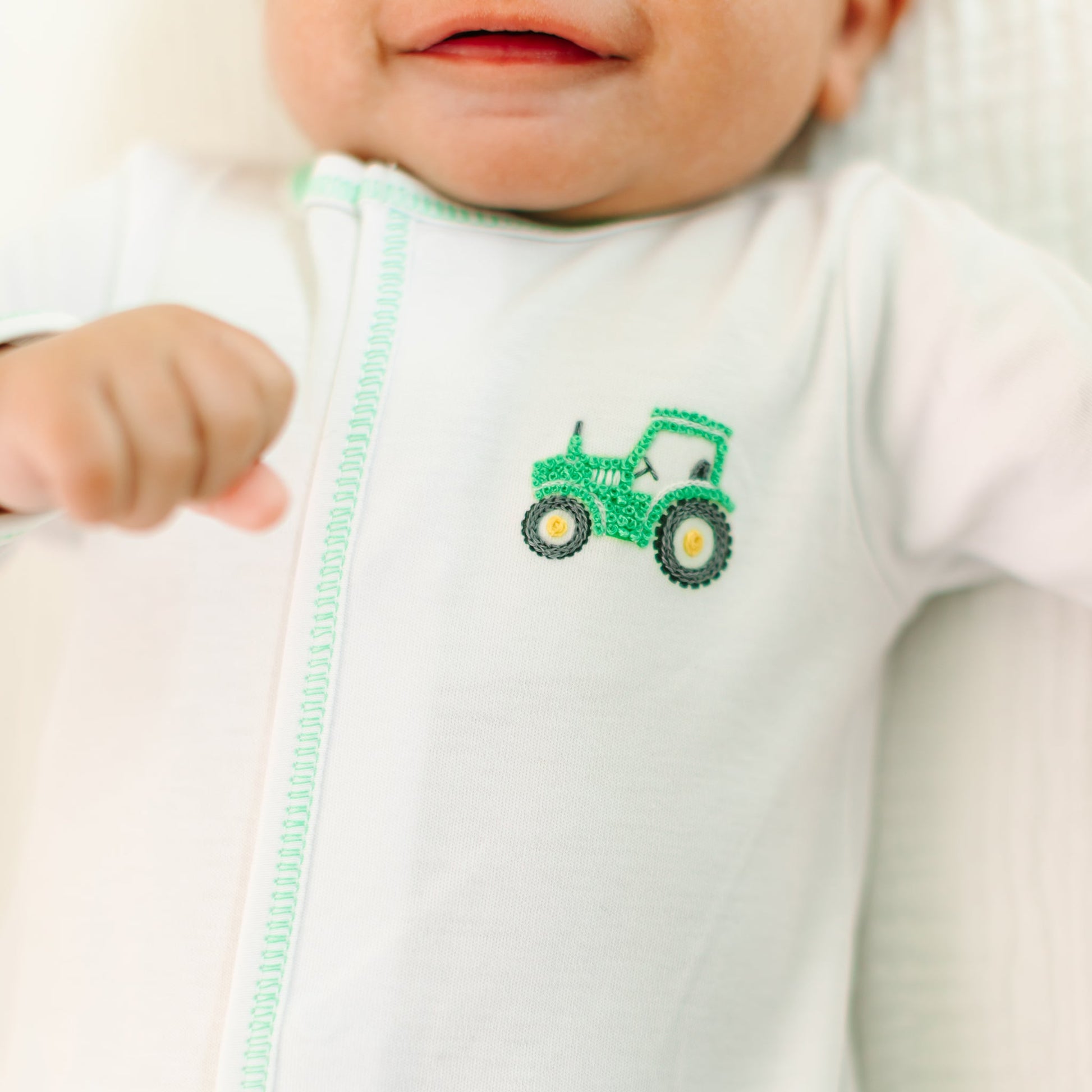 Lil' Green Tractor Embroidered Footie - Magnolia BabyFootie