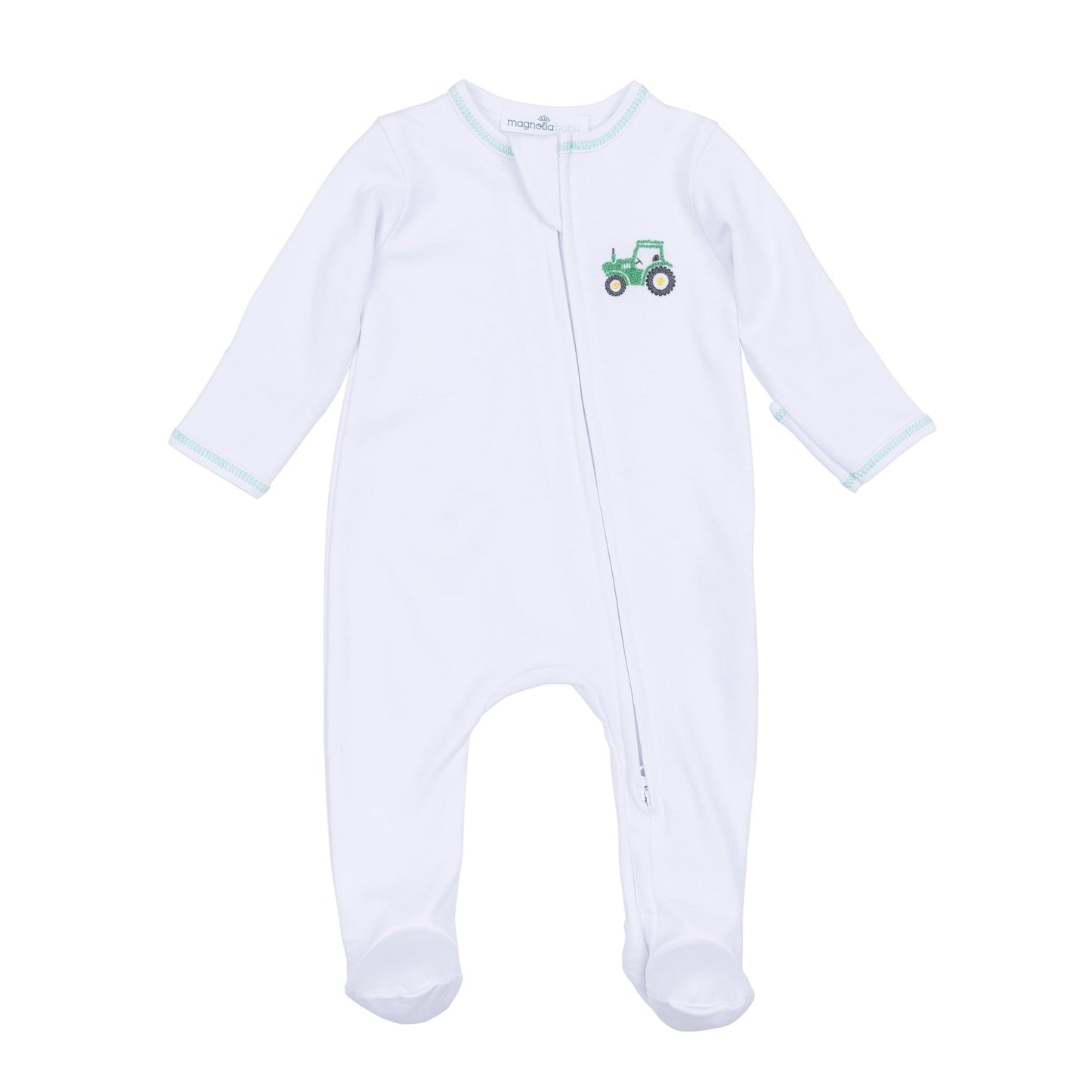 Lil' Green Tractor Embroidered Zip Footie - Magnolia BabyFootie