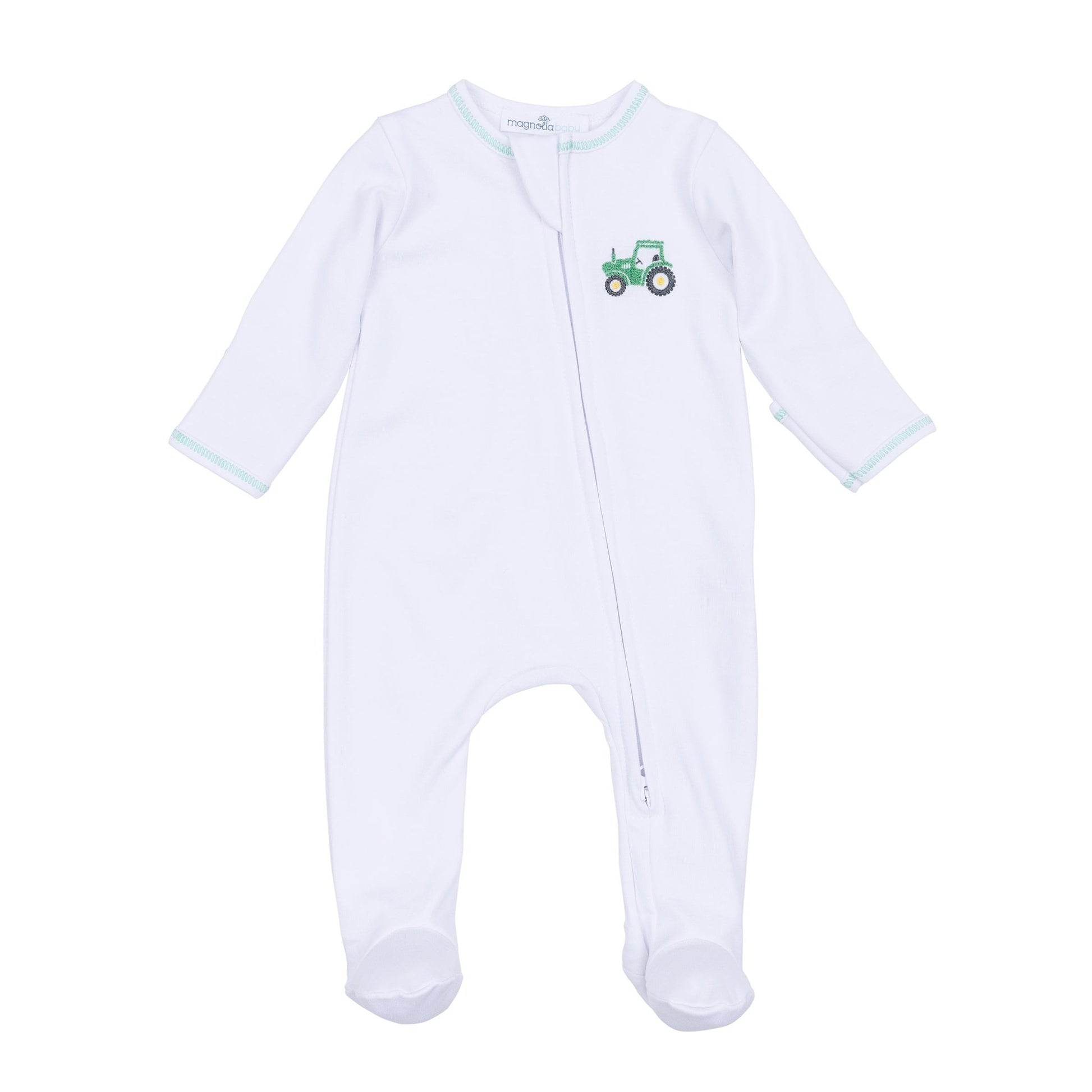 Lil' Green Tractor Embroidered Zip Footie - Magnolia BabyFootie