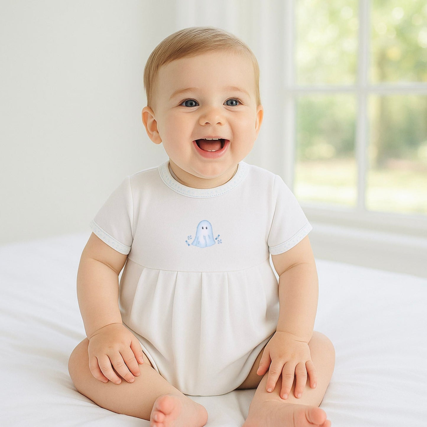 My Little Boo Embroidered Short Sleeve Bubble - Light Blue - Magnolia BabyBubble