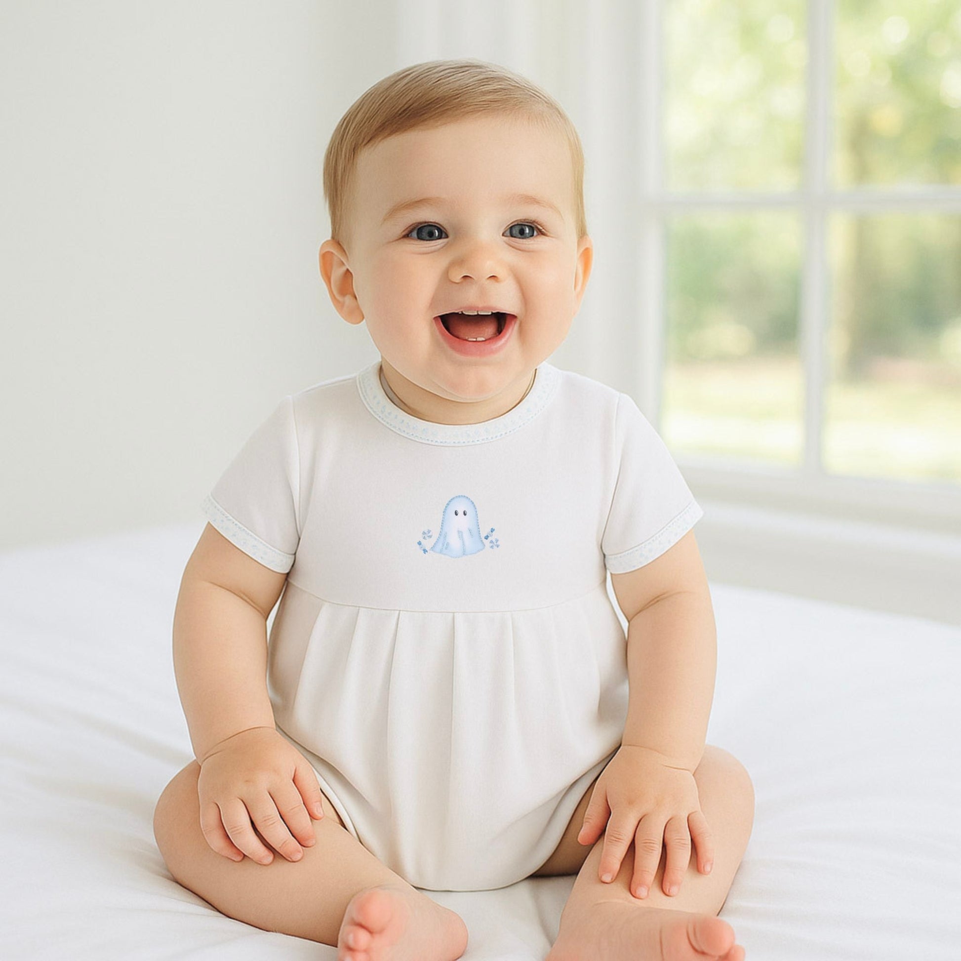 My Little Boo Embroidered Short Sleeve Bubble - Light Blue - Magnolia BabyBubble