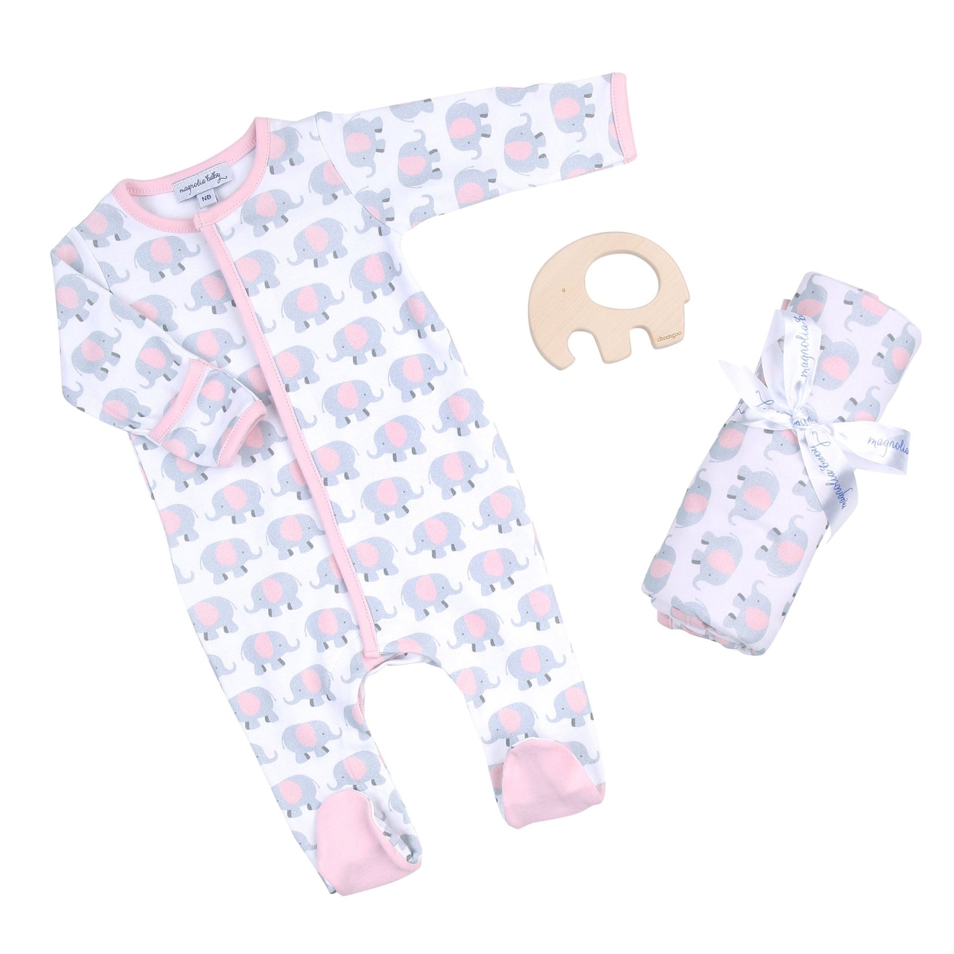 Pink Elephant Gift Set - Footie + Blanket + Teether - Magnolia BabyGift Set