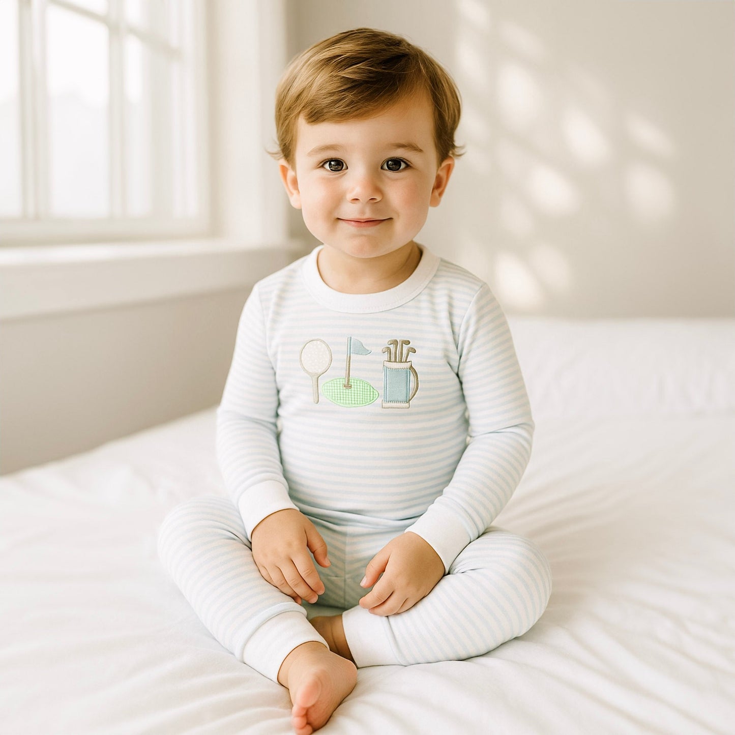 Putting Green Applique Long Pajamas - Light Blue - Magnolia BabyLong Pajamas