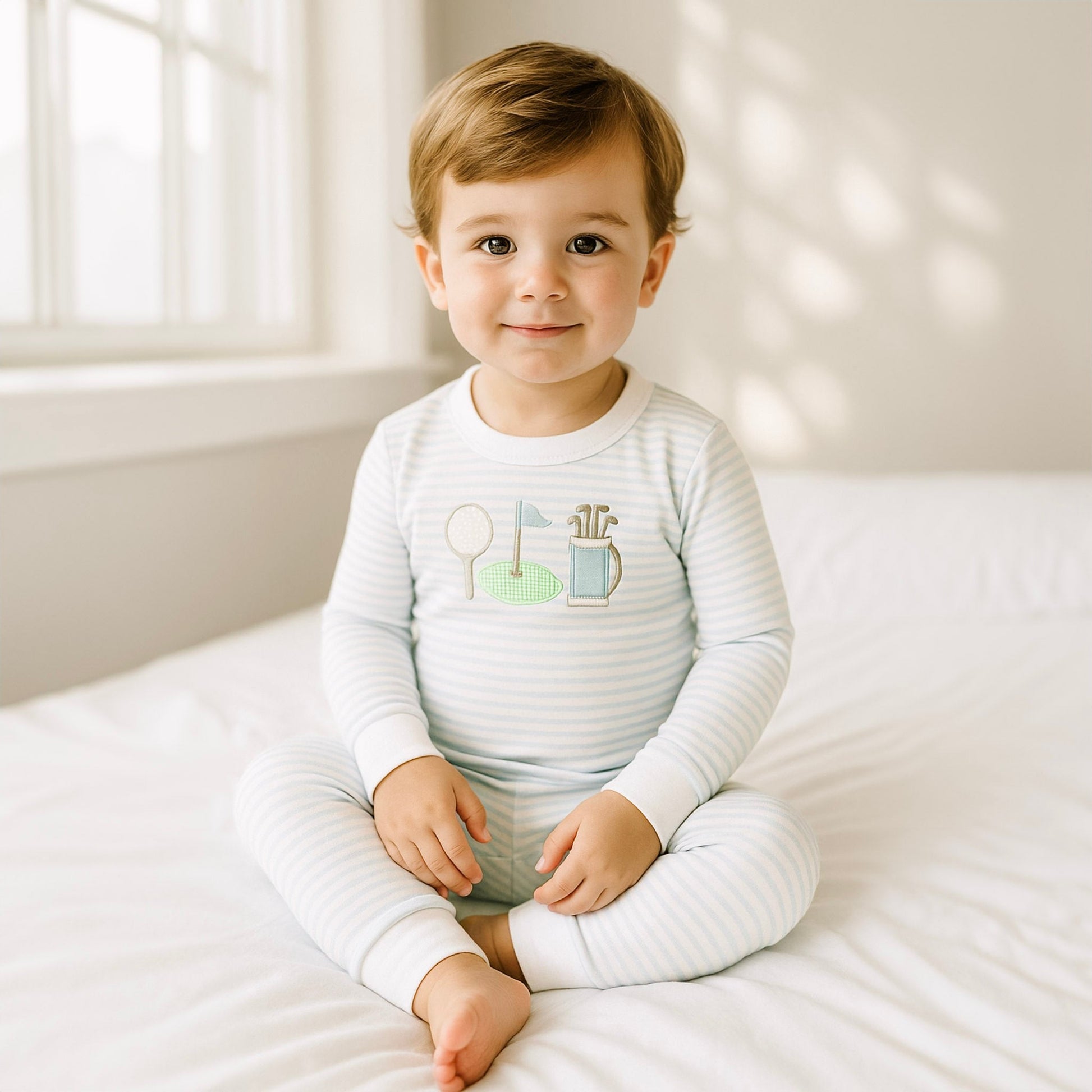 Putting Green Applique Long Pajamas - Light Blue - Magnolia BabyLong Pajamas