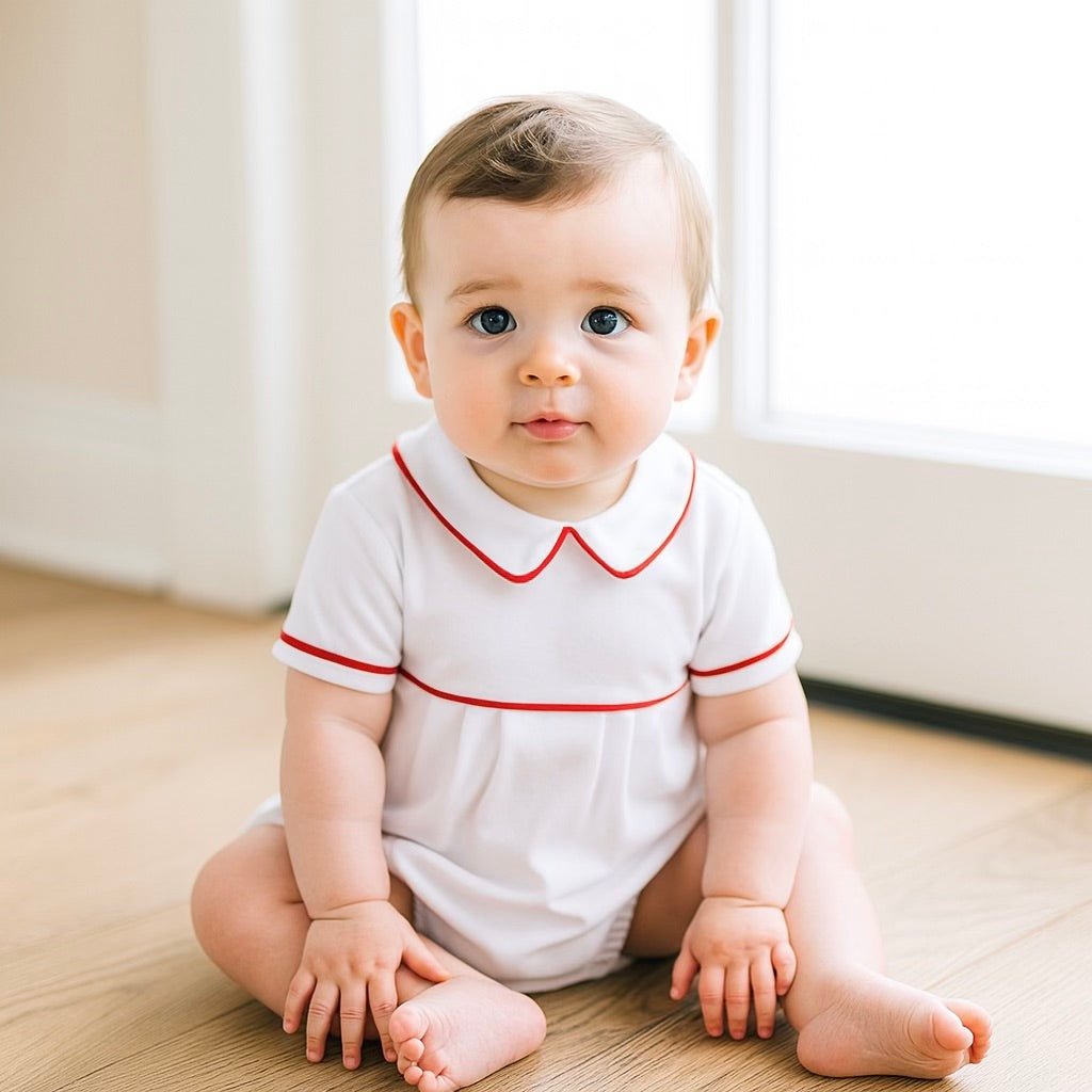 Red and White Essentials Collared Short Sleeve Bubble - Magnolia BabyBubble