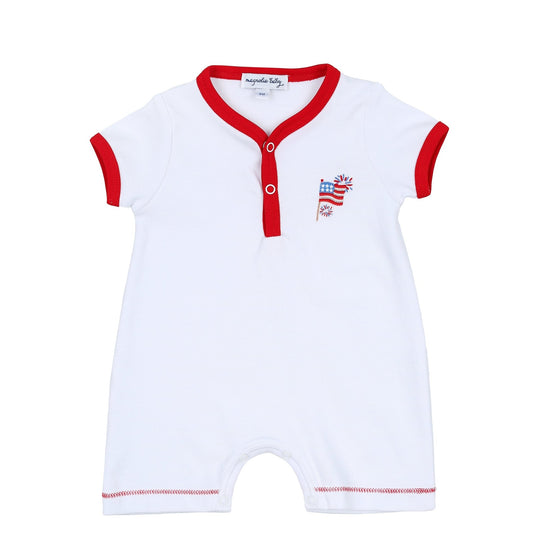 Red, White & Blue! Embroidered Front Snap Short Playsuit - Magnolia BabyShort Playsuit