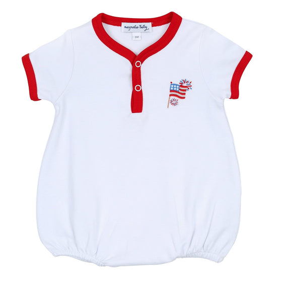 Red, White & Blue! Embroidered Front Snap Short Sleeve Bubble - Magnolia BabyBubble
