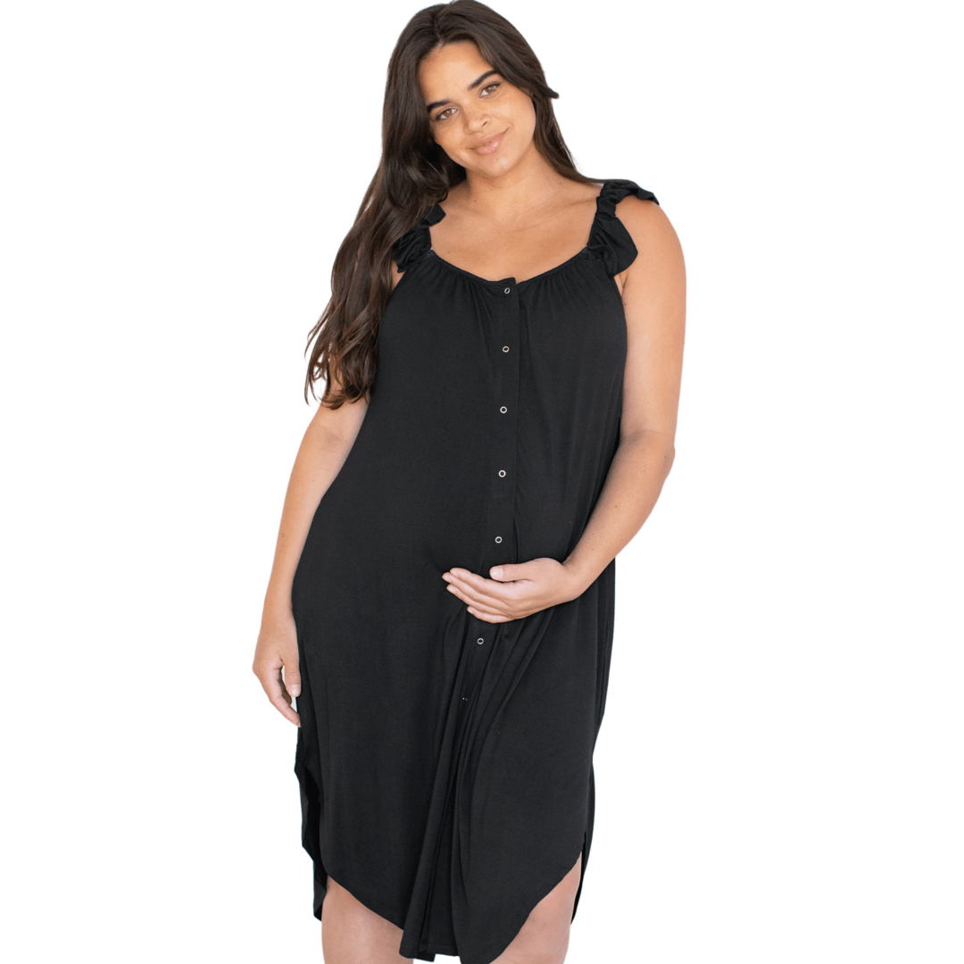 Ruffle Strap Labor, Delivery & Nursing Gown - Black - Magnolia BabyMaternity