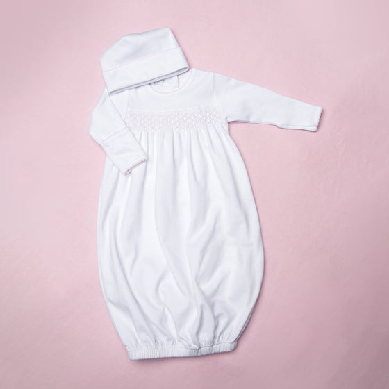 Solid Essentials White Pink Smocked Gown - Magnolia BabyGown