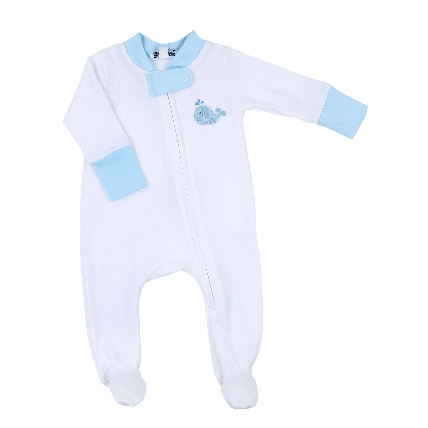Sweet Whales Blue Embroidered Zip Footie - Magnolia BabyFootie