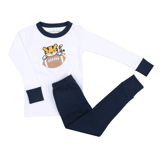Tiger Football Applique Navy-Orange Long Pajamas - Magnolia BabyLong Pajamas