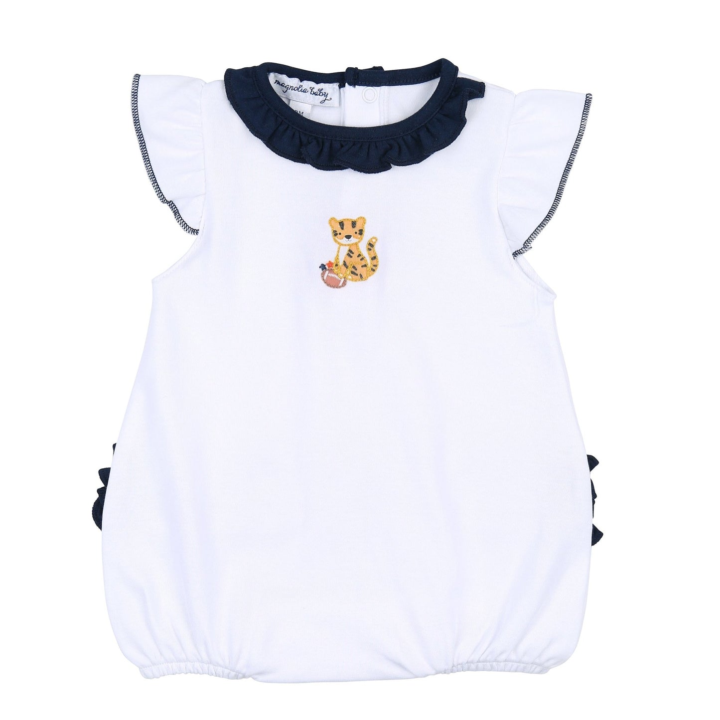 Tiger Football Navy - Orange Embroidered Ruffle Flutters Bubble - Magnolia BabyBubble