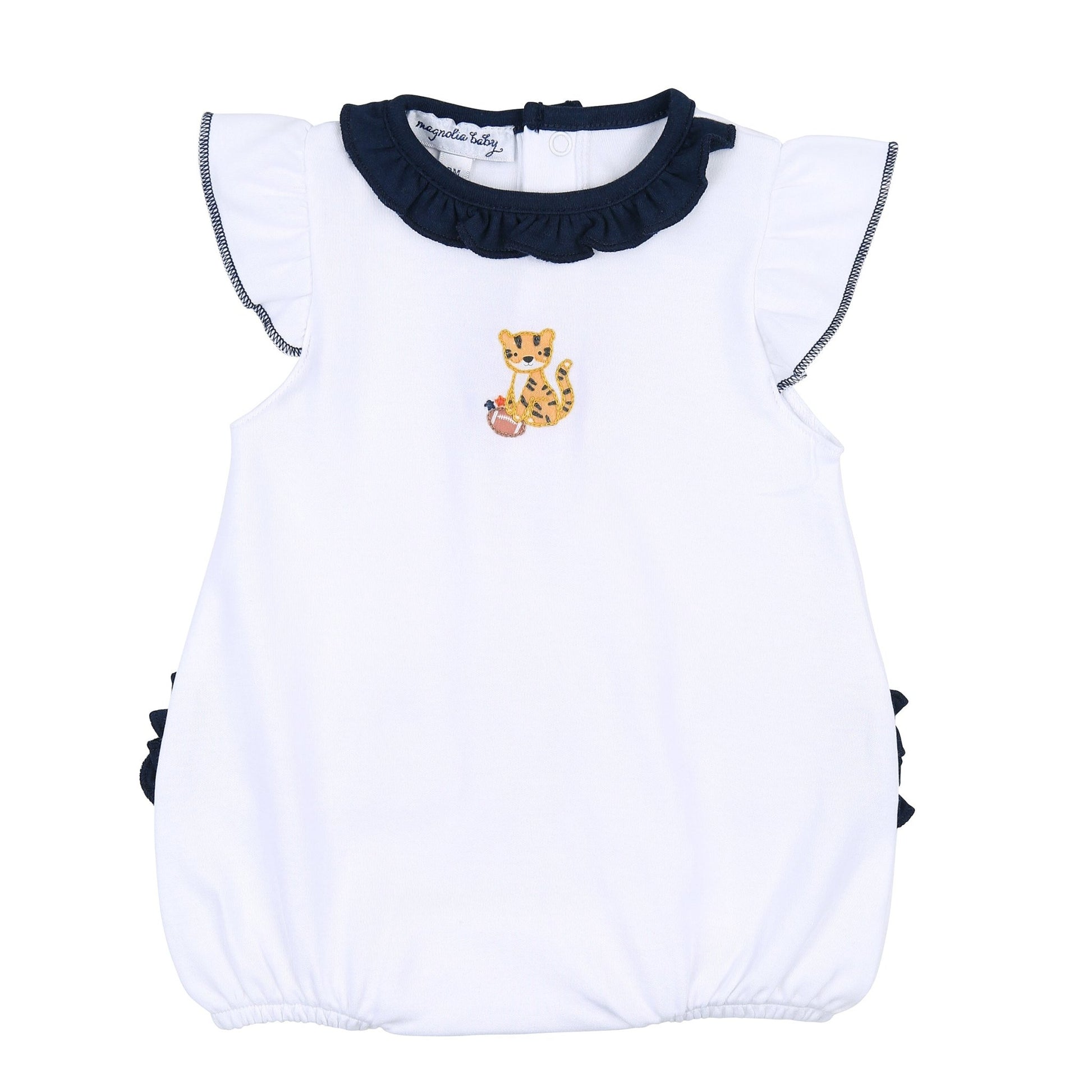 Tiger Football Navy - Orange Embroidered Ruffle Flutters Bubble - Magnolia BabyBubble