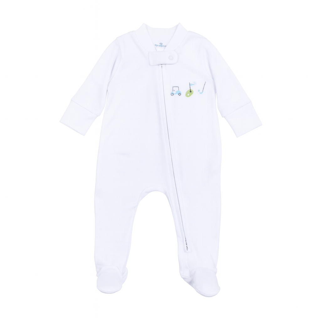 Tiny Tee Time Embroidered Zip Footie - Light Blue - Magnolia BabyFootie