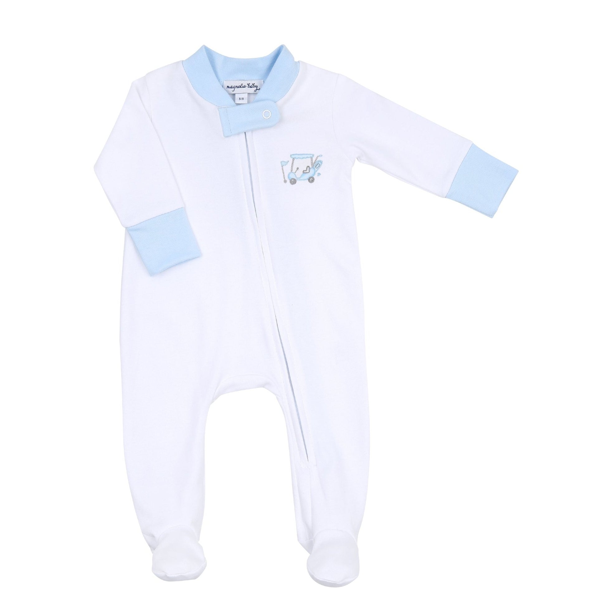 Putting Around Blue Embroidered Zip Footie - Magnolia BabyFootie