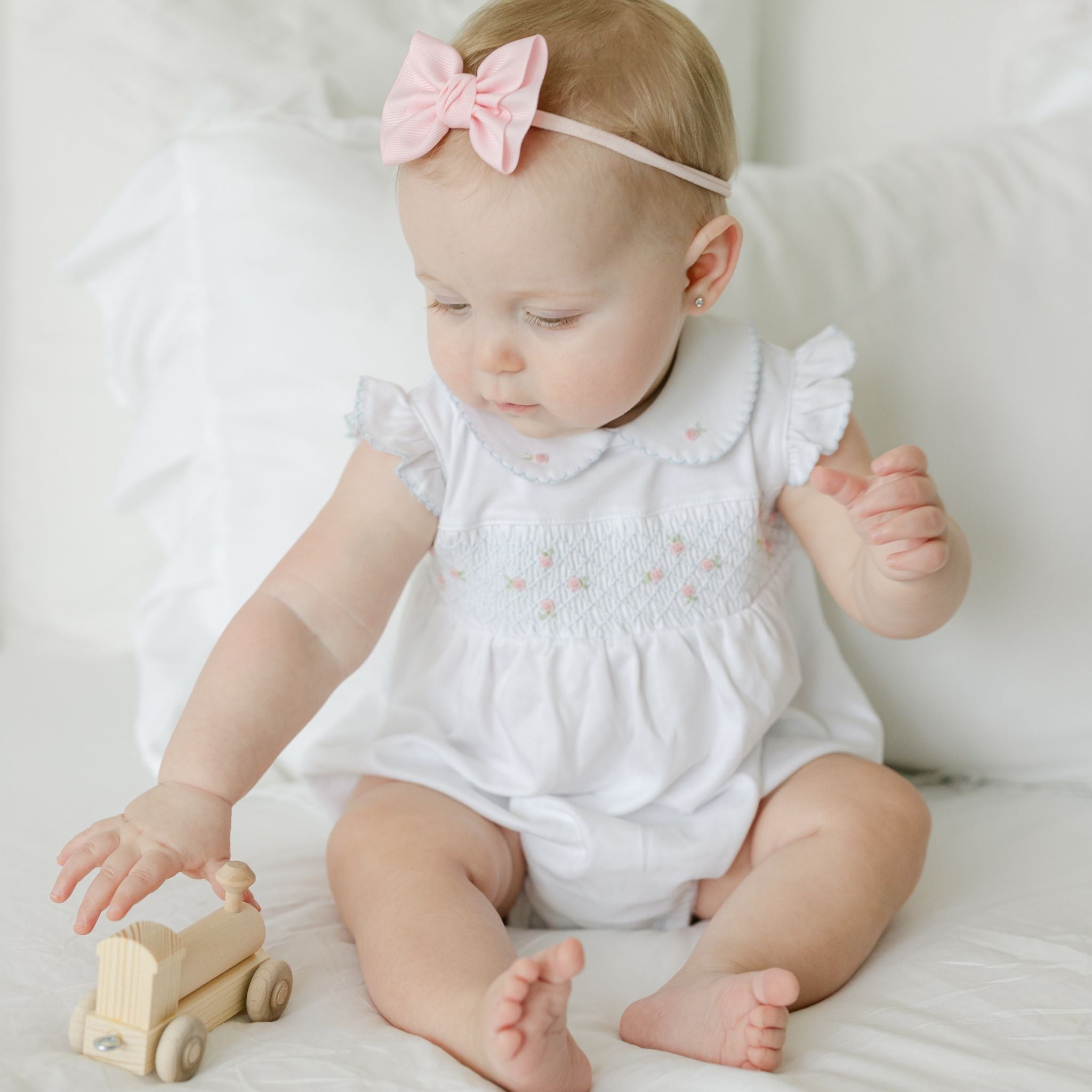 infant smock dress Hand Smocked Crinkle Muslin Baby (Organic), Sweet Cream / 6-12M Lace detail on the cuffs and bottom hem Magnolia Baby Pima Cotton Layette